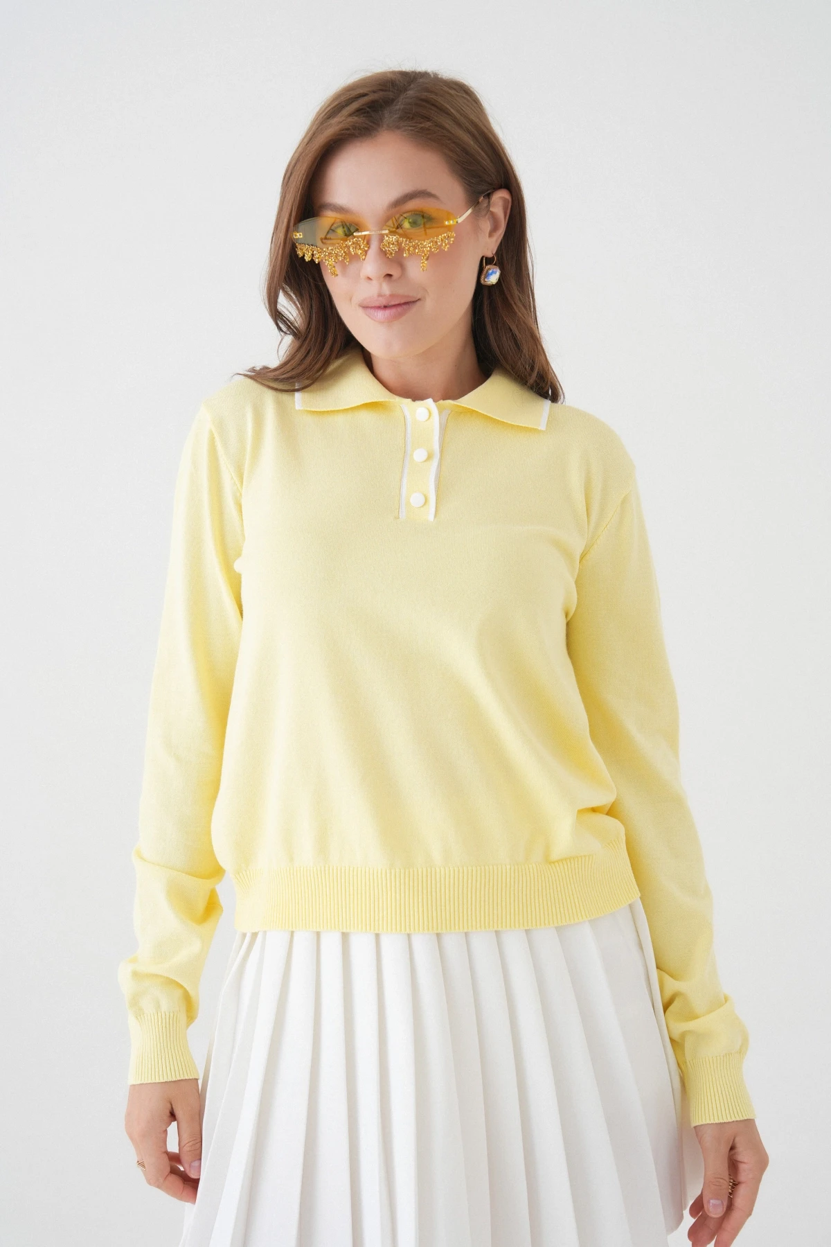 Kadın Polo Düğme Detay Basic Triko Kazak 12338.Vrt