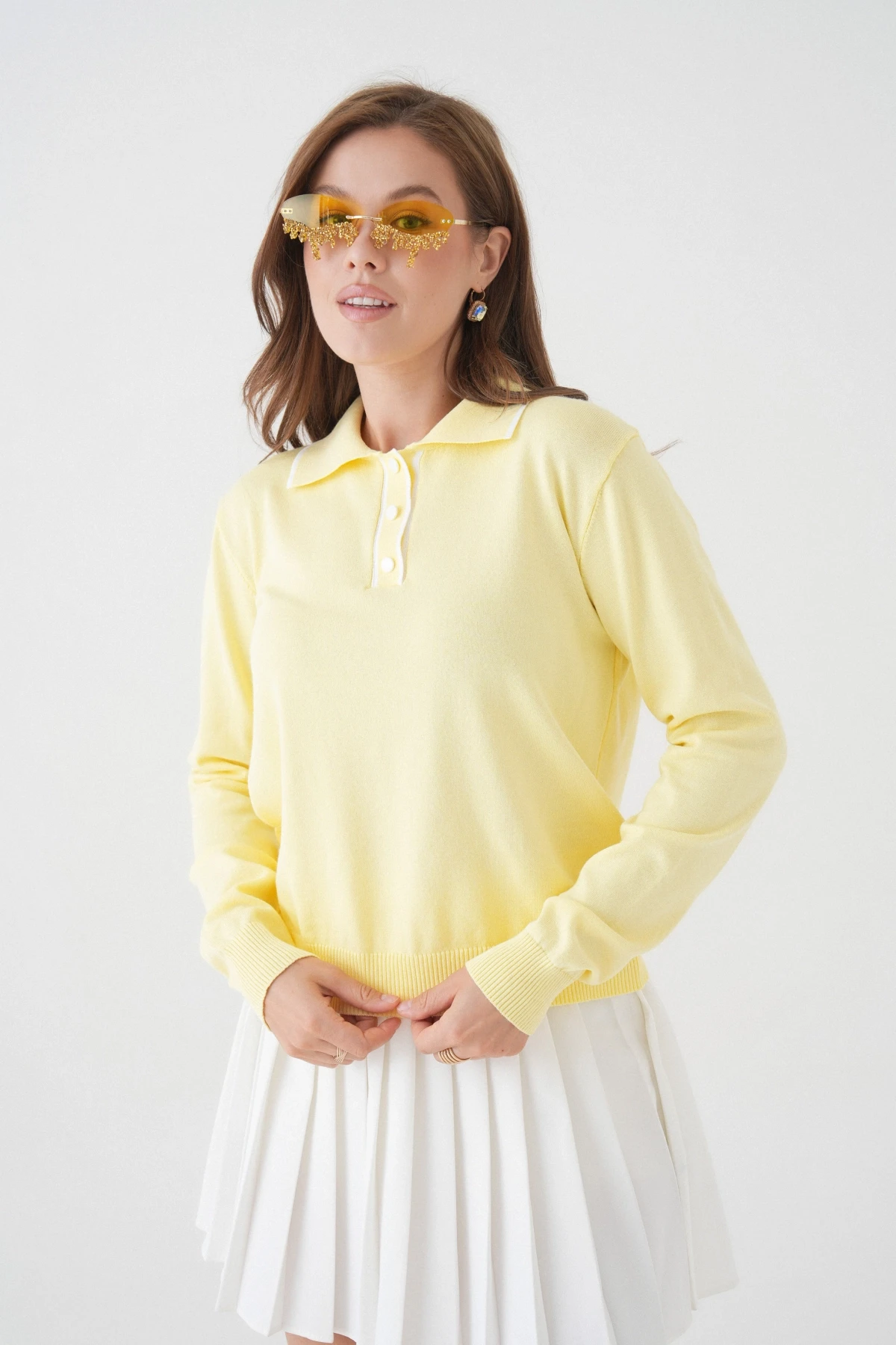 Kadın Polo Düğme Detay Basic Triko Kazak 12338.Vrt