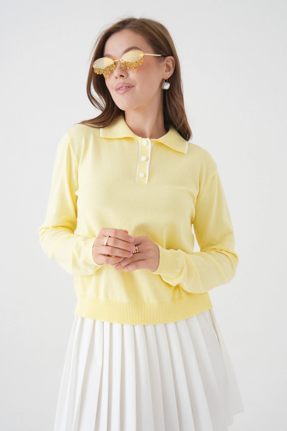 Kadın Polo Düğme Detay Basic Triko Kazak 12338.Vrt