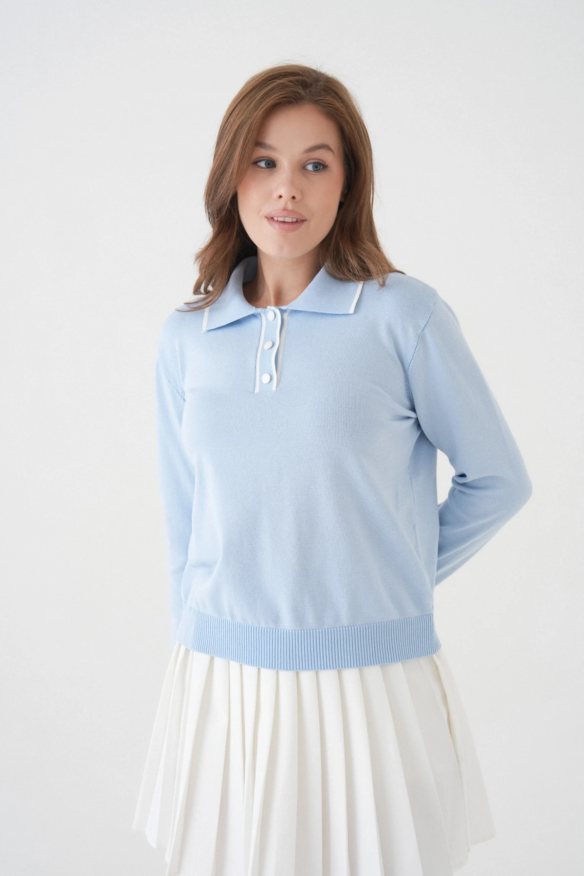 Kadın Polo Düğme Detay Basic Triko Kazak 12338.Vrt