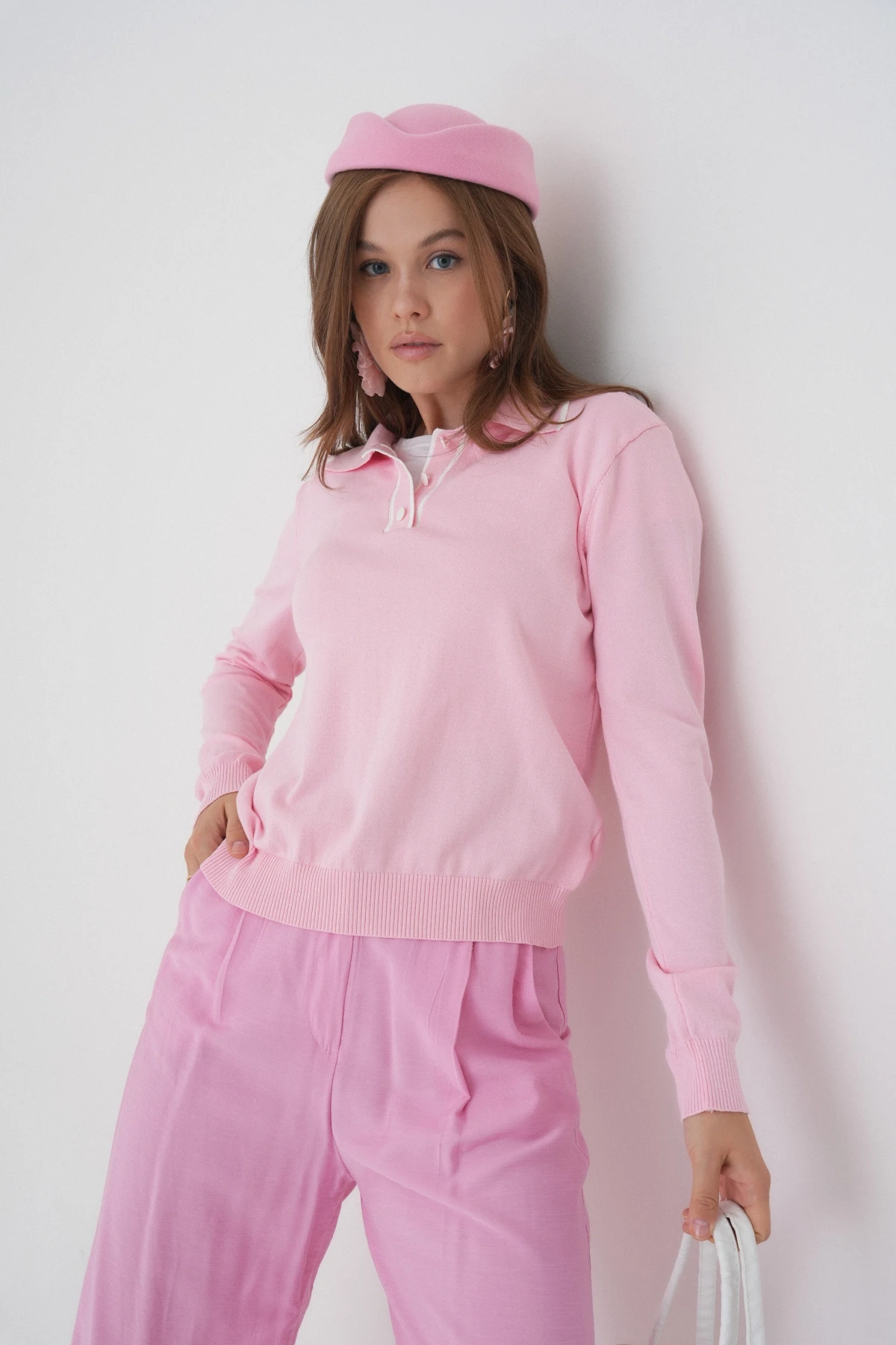 Kadın Polo Düğme Detay Basic Triko Kazak 12338.Vrt