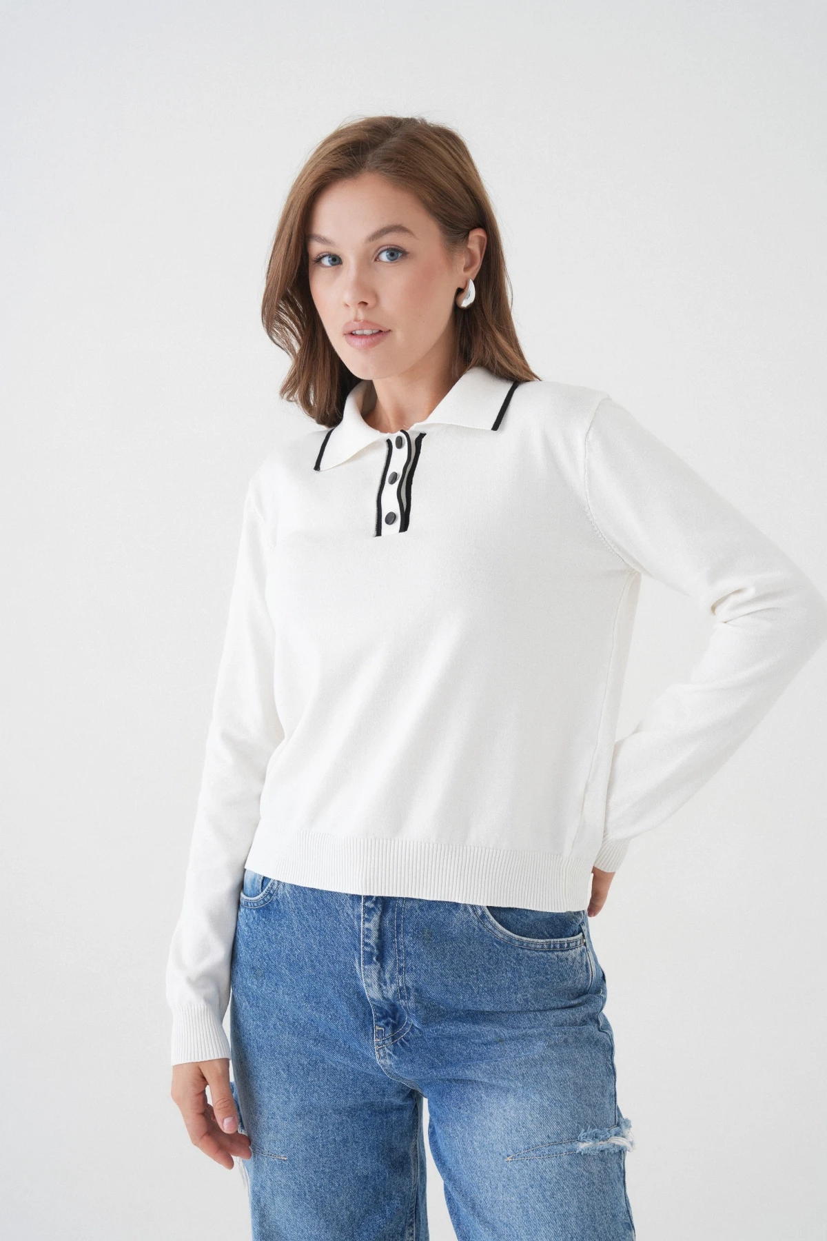 Kadın Polo Düğme Detay Basic Triko Kazak 12338.Vrt