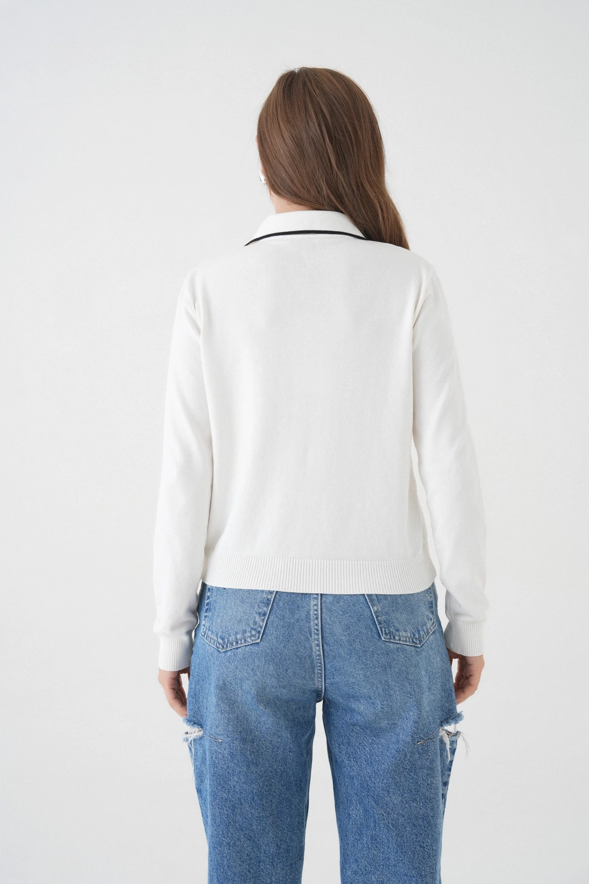 Kadın Polo Düğme Detay Basic Triko Kazak 12338.Vrt