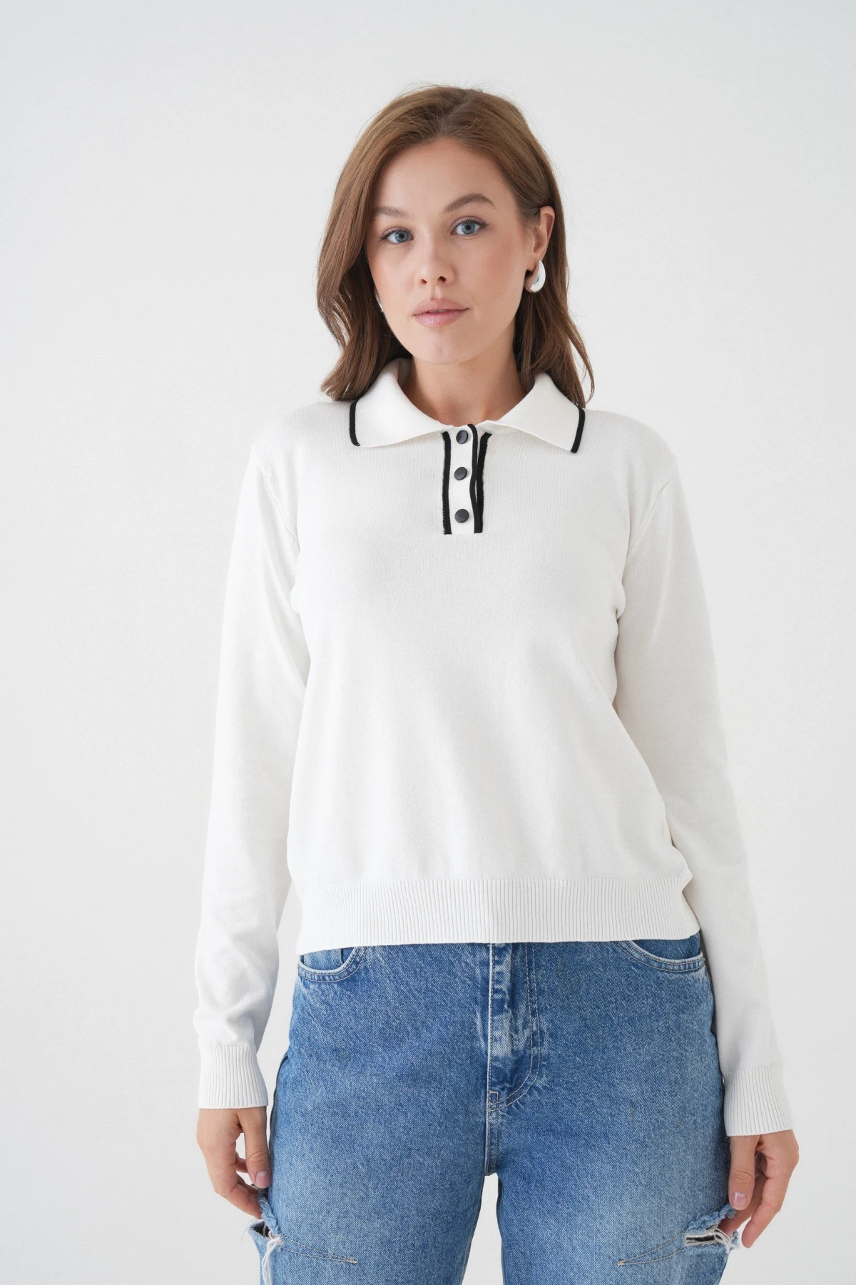 Kadın Polo Düğme Detay Basic Triko Kazak 12338.Vrt