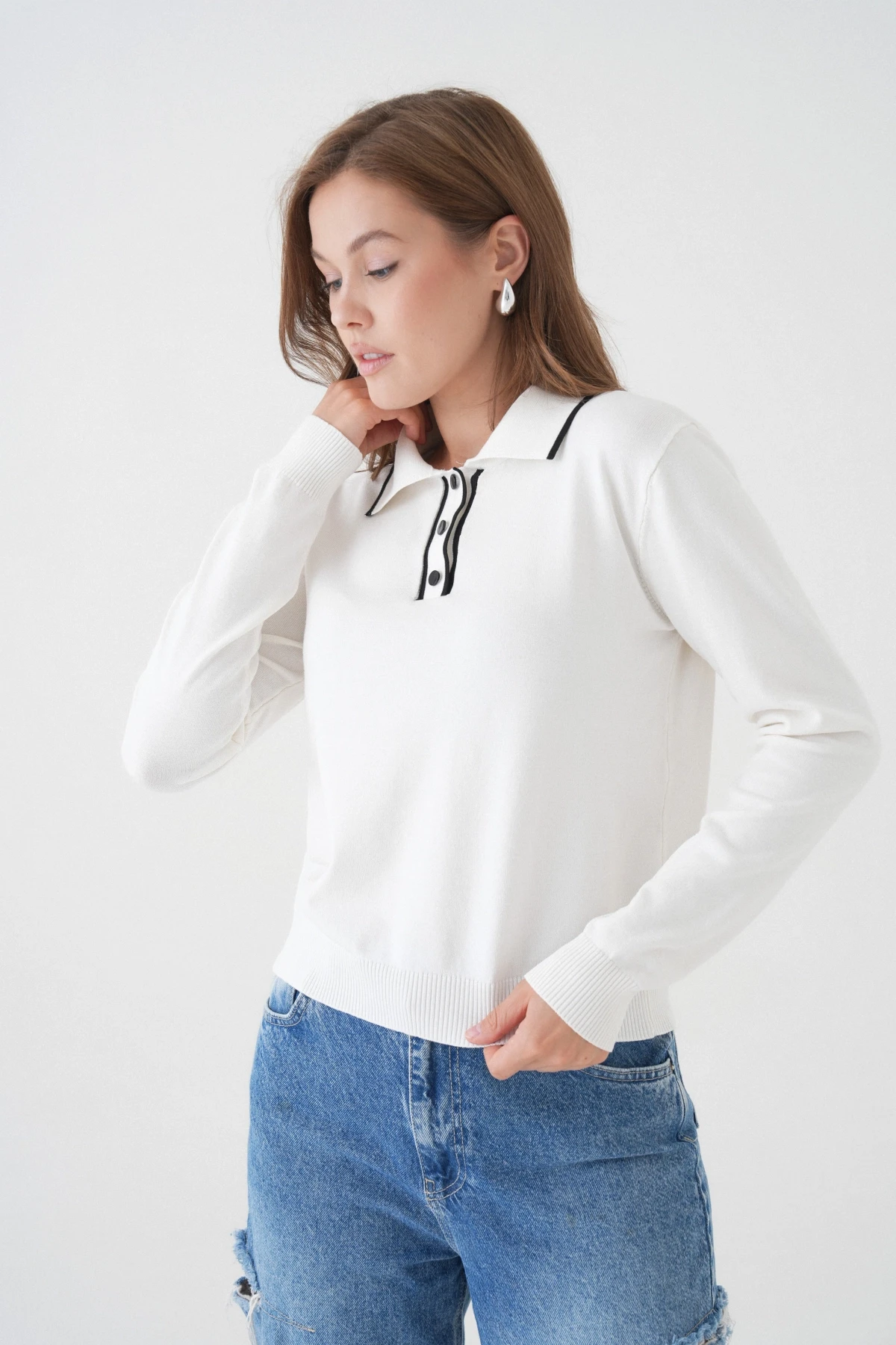 Kadın Polo Düğme Detay Basic Triko Kazak 12338.Vrt