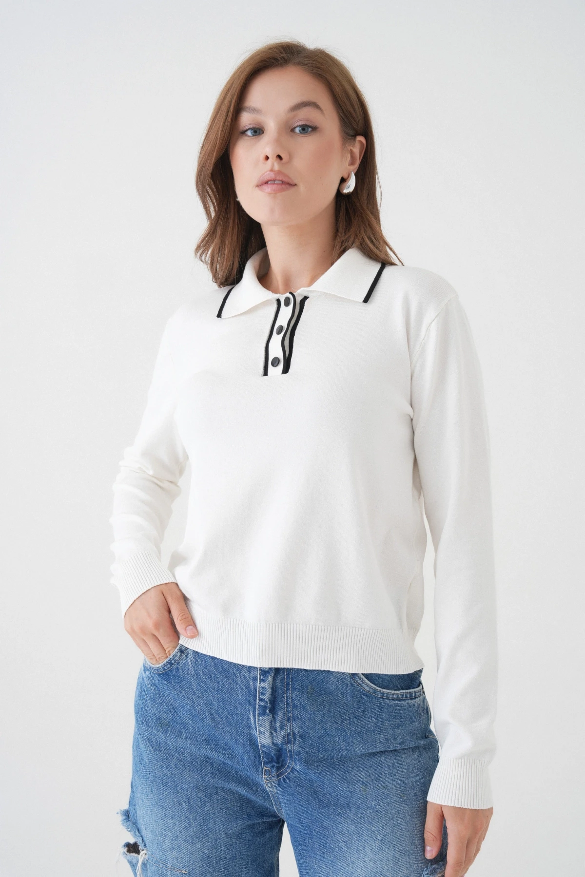 Kadın Polo Düğme Detay Basic Triko Kazak 12338.Vrt