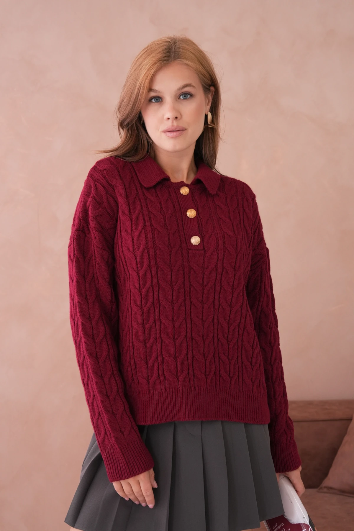 Kadın Polo Düğme Detay Saç Örgü Triko Kazak 8530Sw