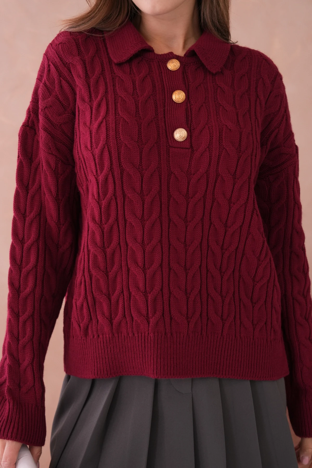 Kadın Polo Düğme Detay Saç Örgü Triko Kazak 8530Sw