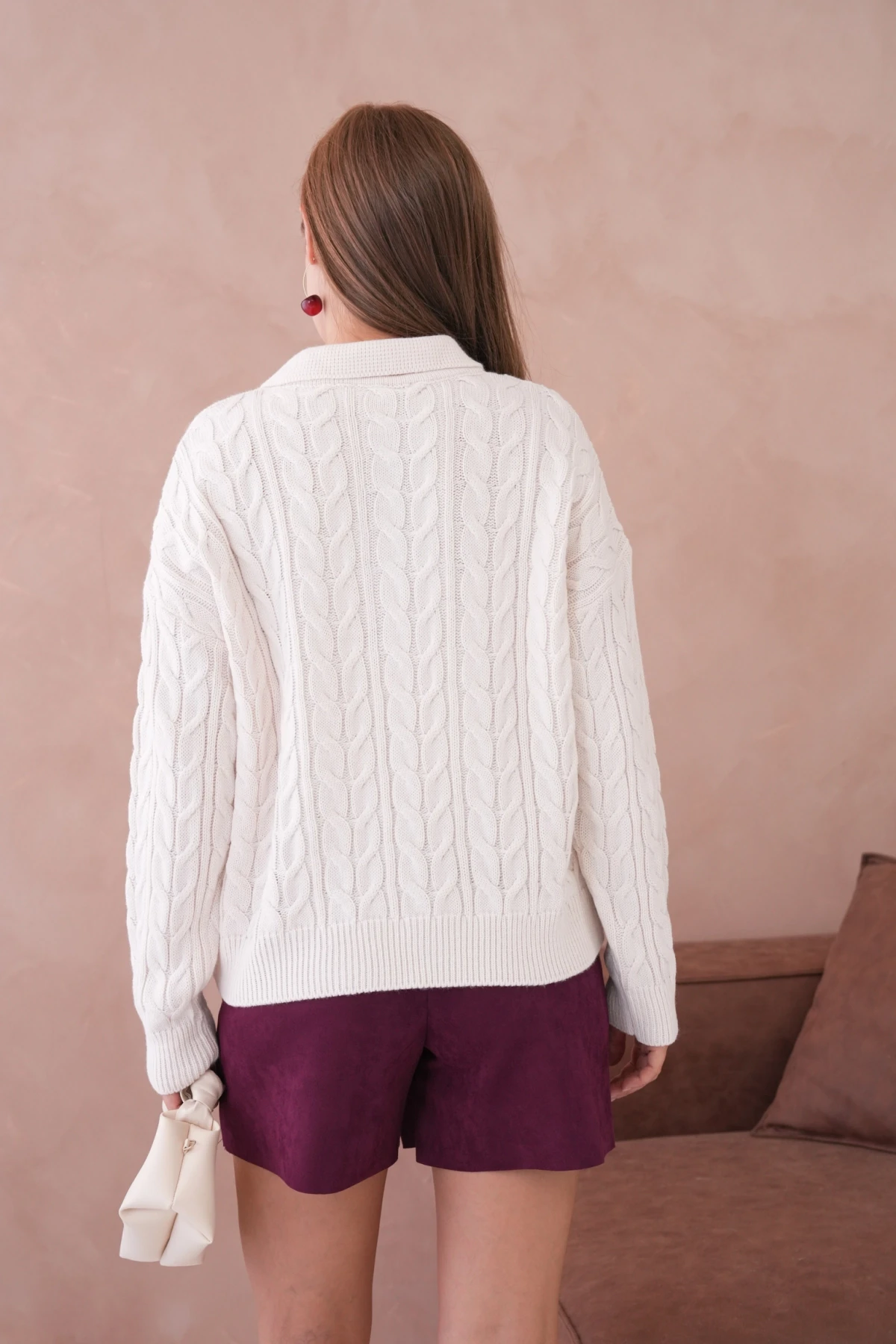 Kadın Polo Düğme Detay Saç Örgü Triko Kazak 8530Sw