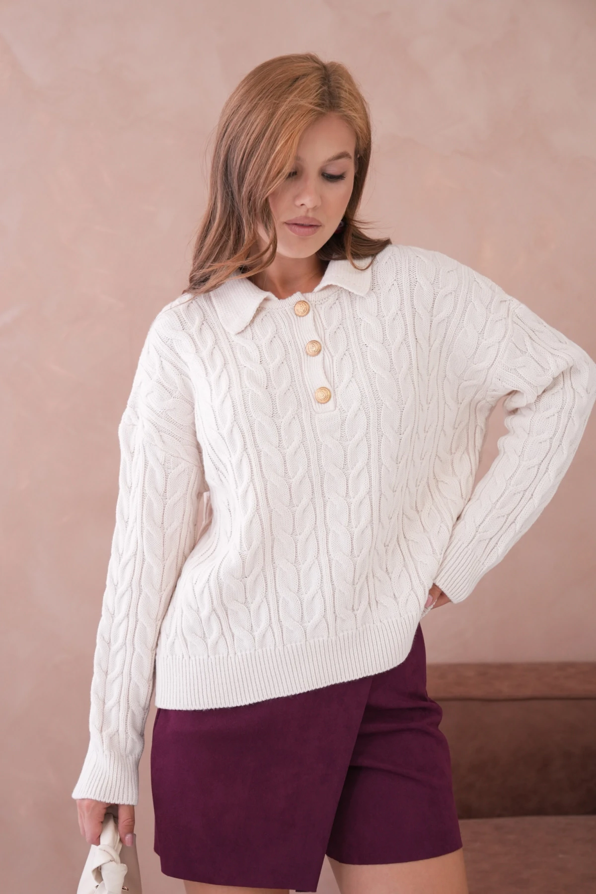 Kadın Polo Düğme Detay Saç Örgü Triko Kazak 8530Sw