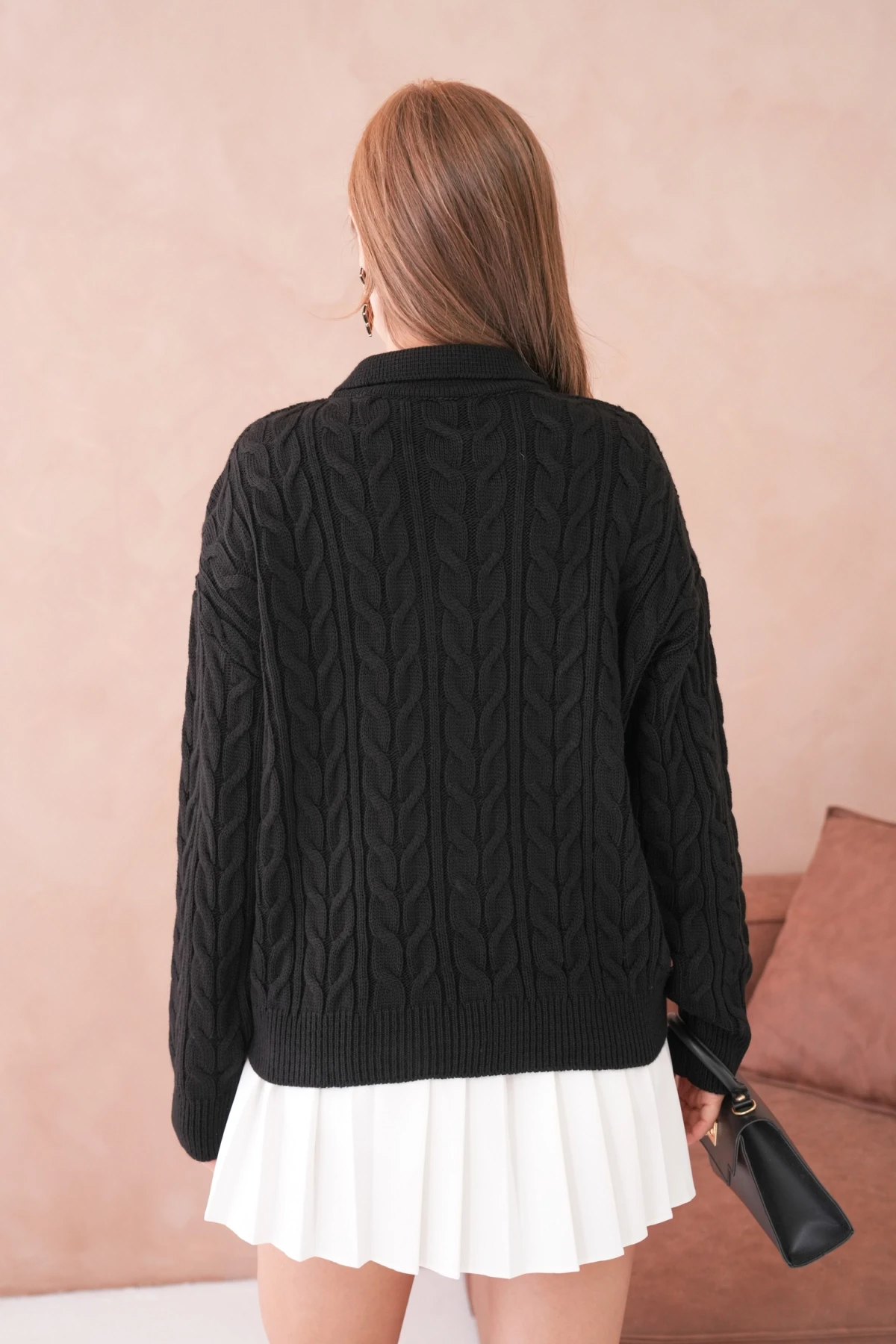 Kadın Polo Düğme Detay Saç Örgü Triko Kazak 8530Sw