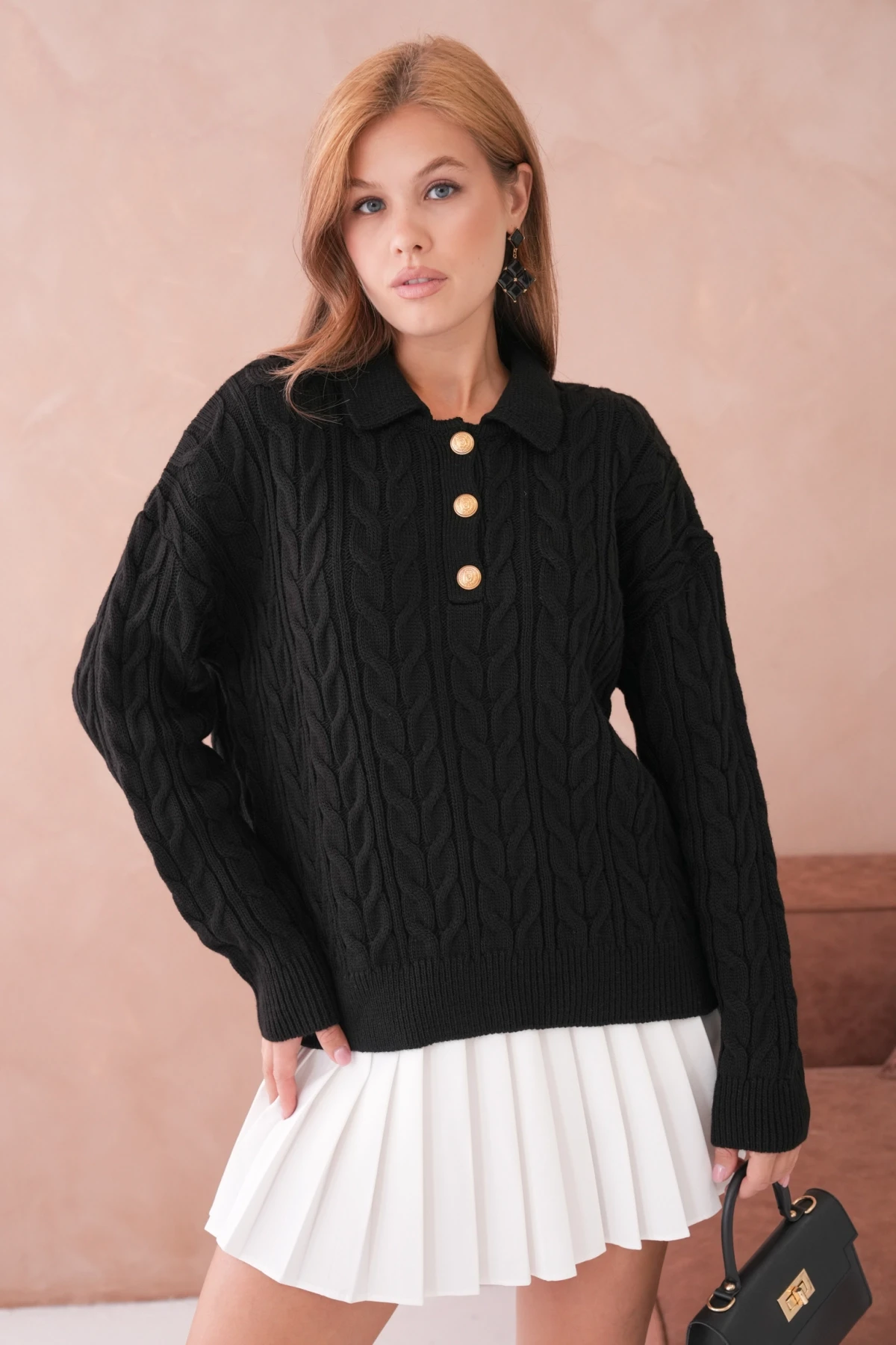 Kadın Polo Düğme Detay Saç Örgü Triko Kazak 8530Sw