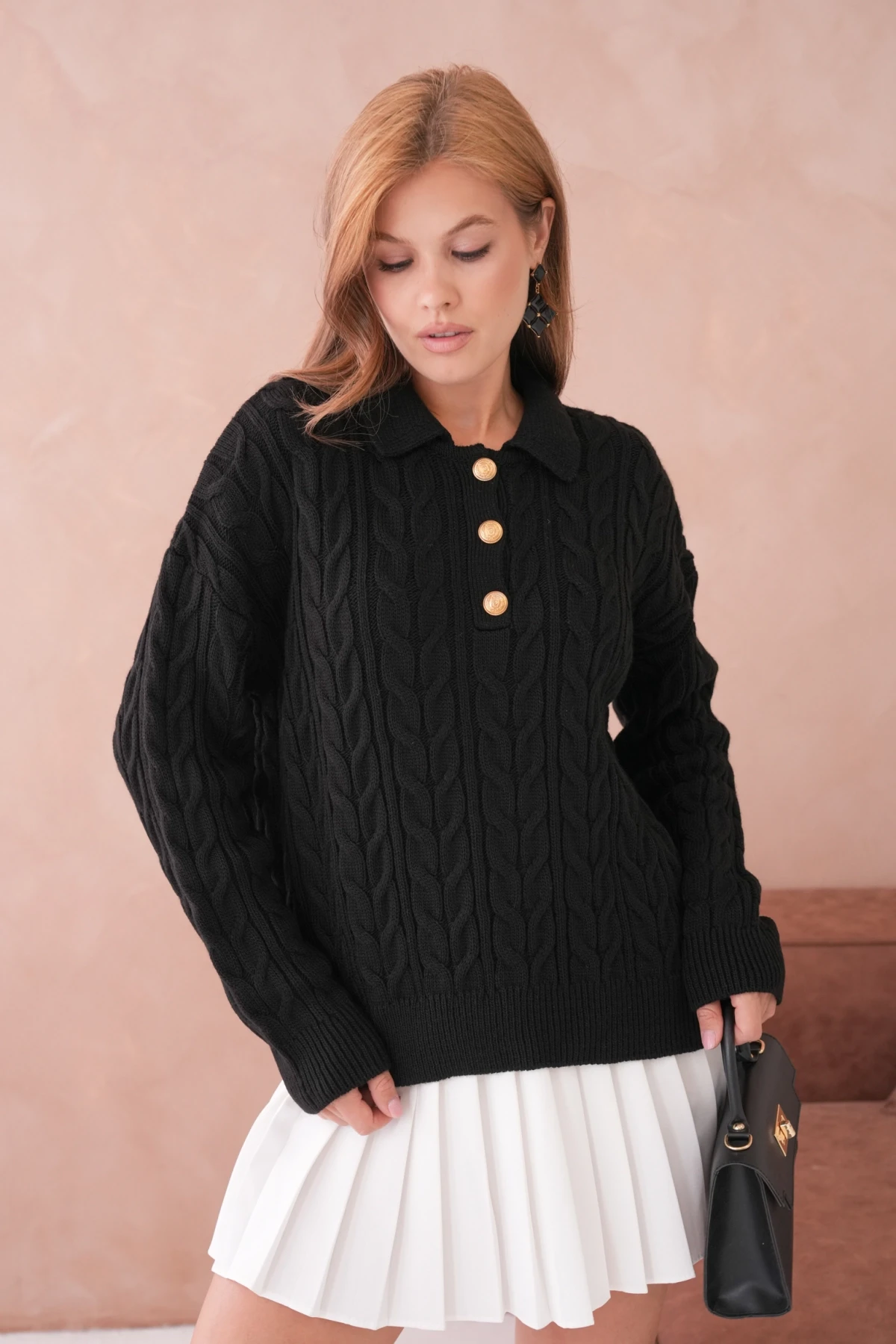 Kadın Polo Düğme Detay Saç Örgü Triko Kazak 8530Sw