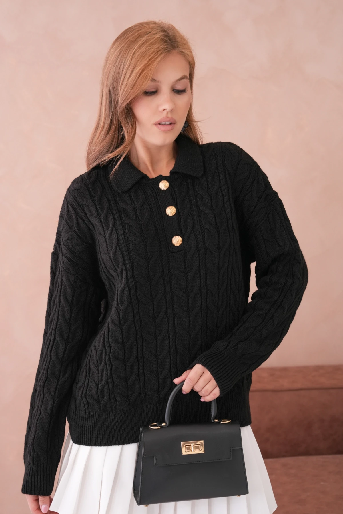 Kadın Polo Düğme Detay Saç Örgü Triko Kazak 8530Sw