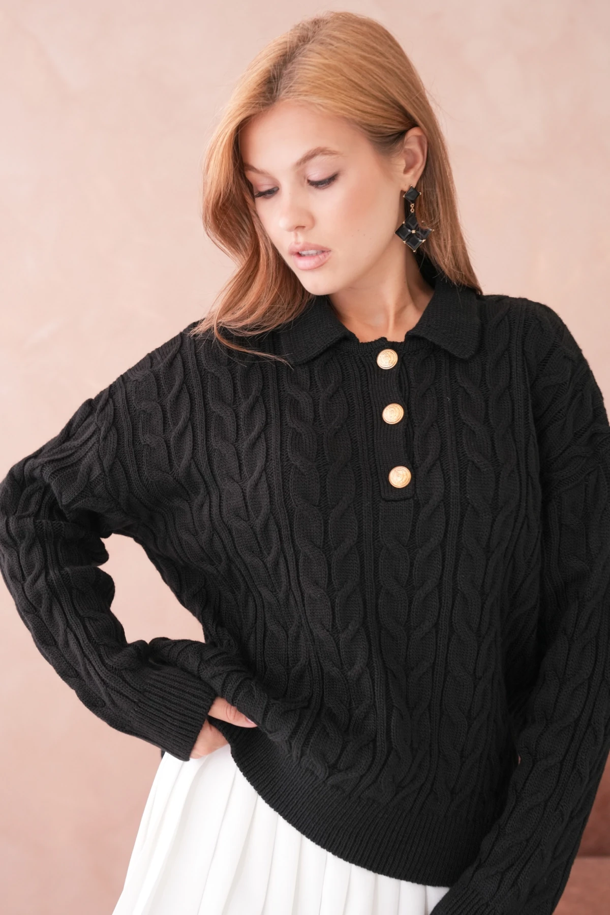 Kadın Polo Düğme Detay Saç Örgü Triko Kazak 8530Sw