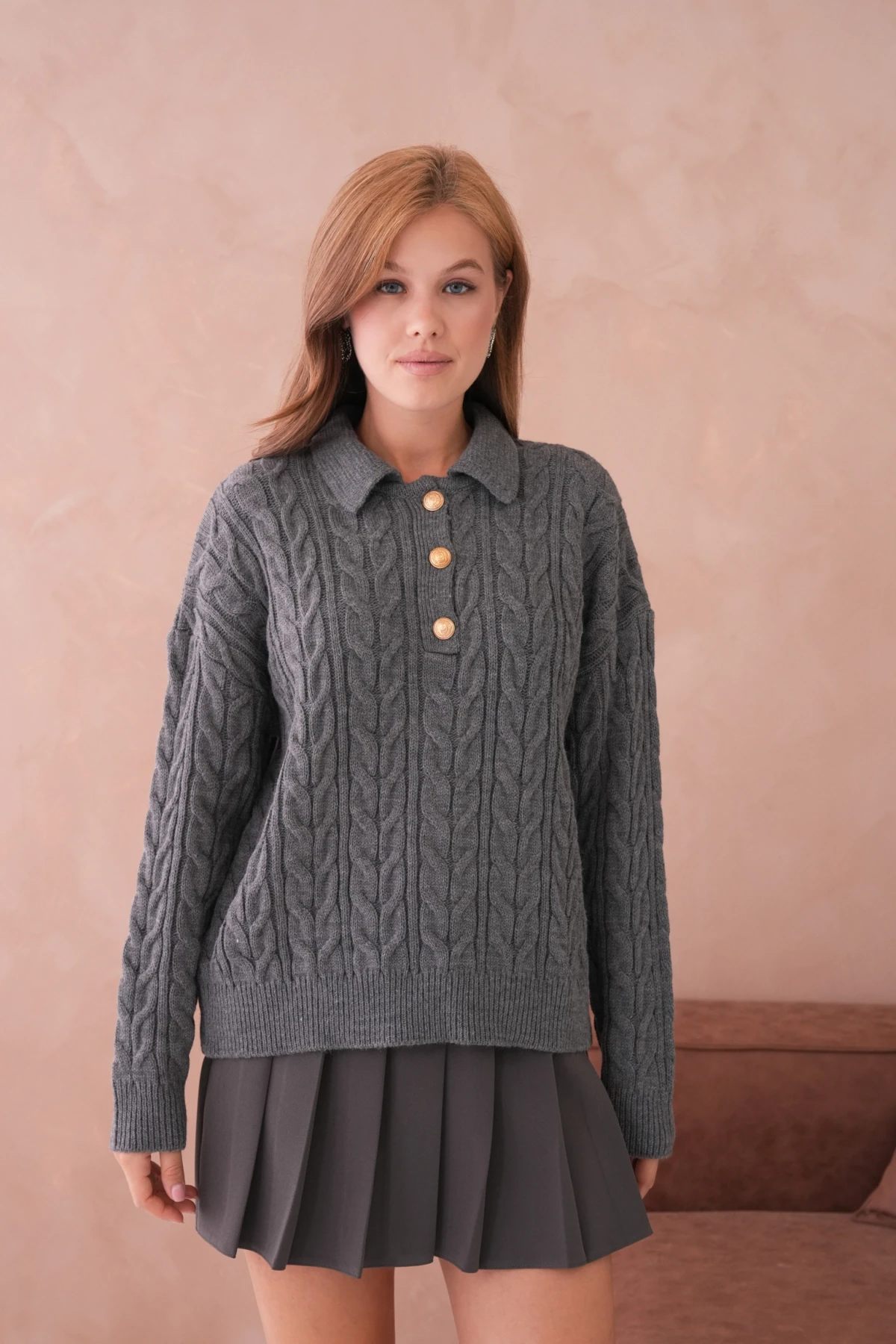 Kadın Polo Düğme Detay Saç Örgü Triko Kazak 8530Sw