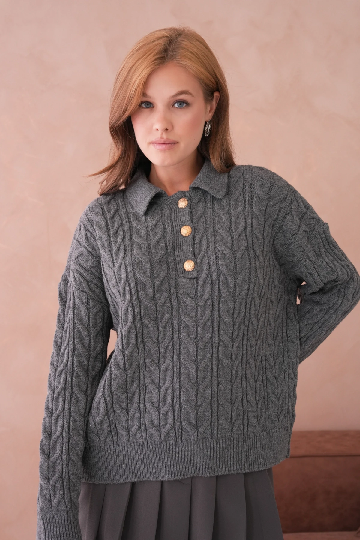 Kadın Polo Düğme Detay Saç Örgü Triko Kazak 8530Sw