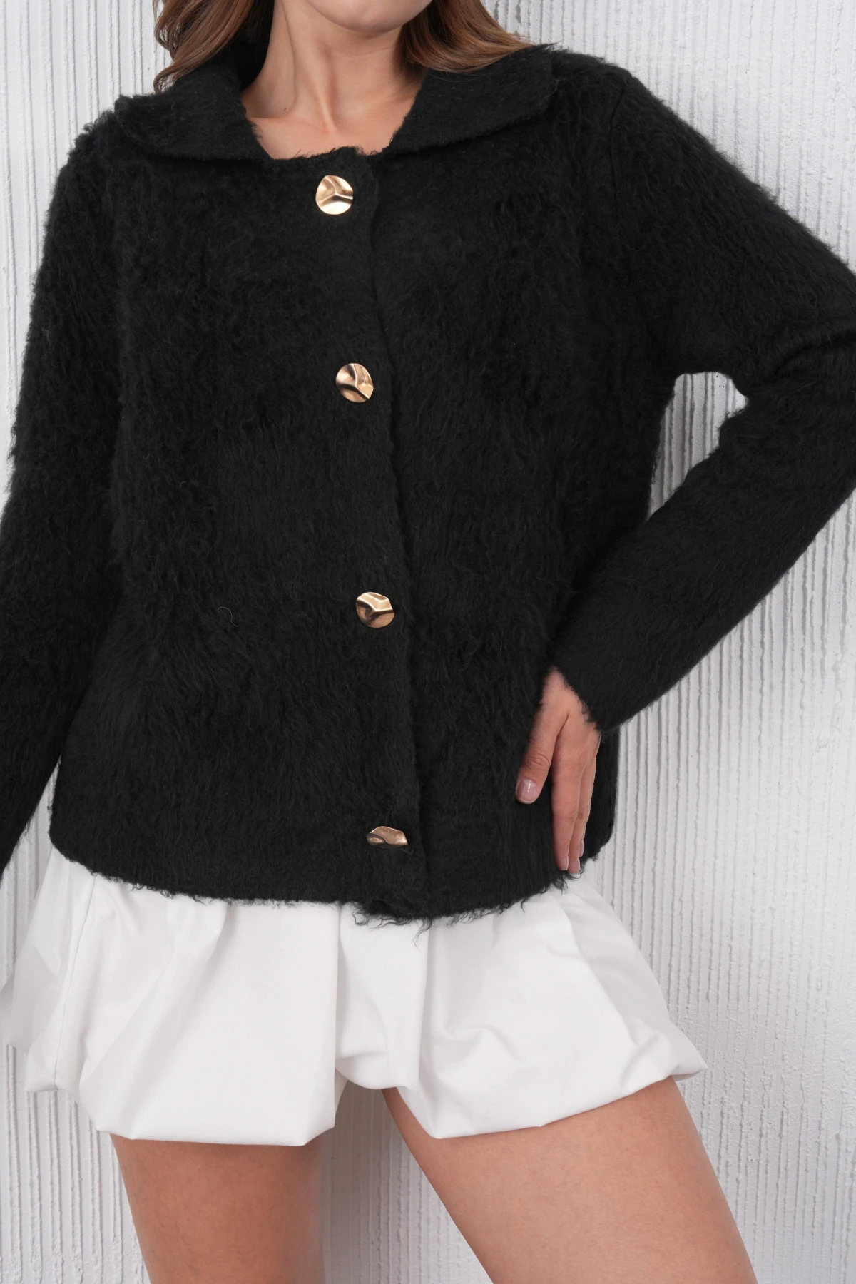 Kadın Polo Yaka Düğme Detay Şardonlu Triko Ceket 8645Sw