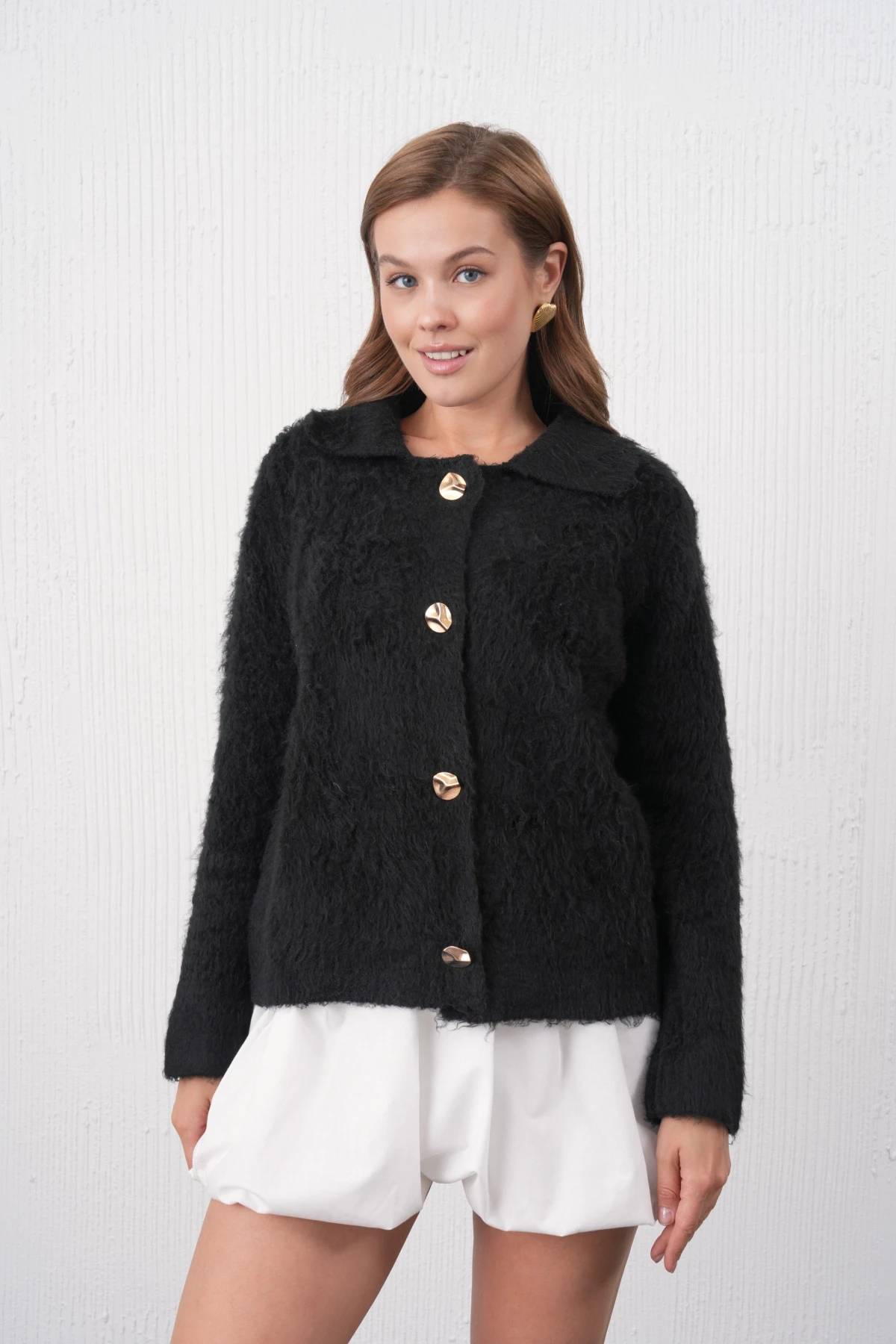 Kadın Polo Yaka Düğme Detay Şardonlu Triko Ceket 8645Sw