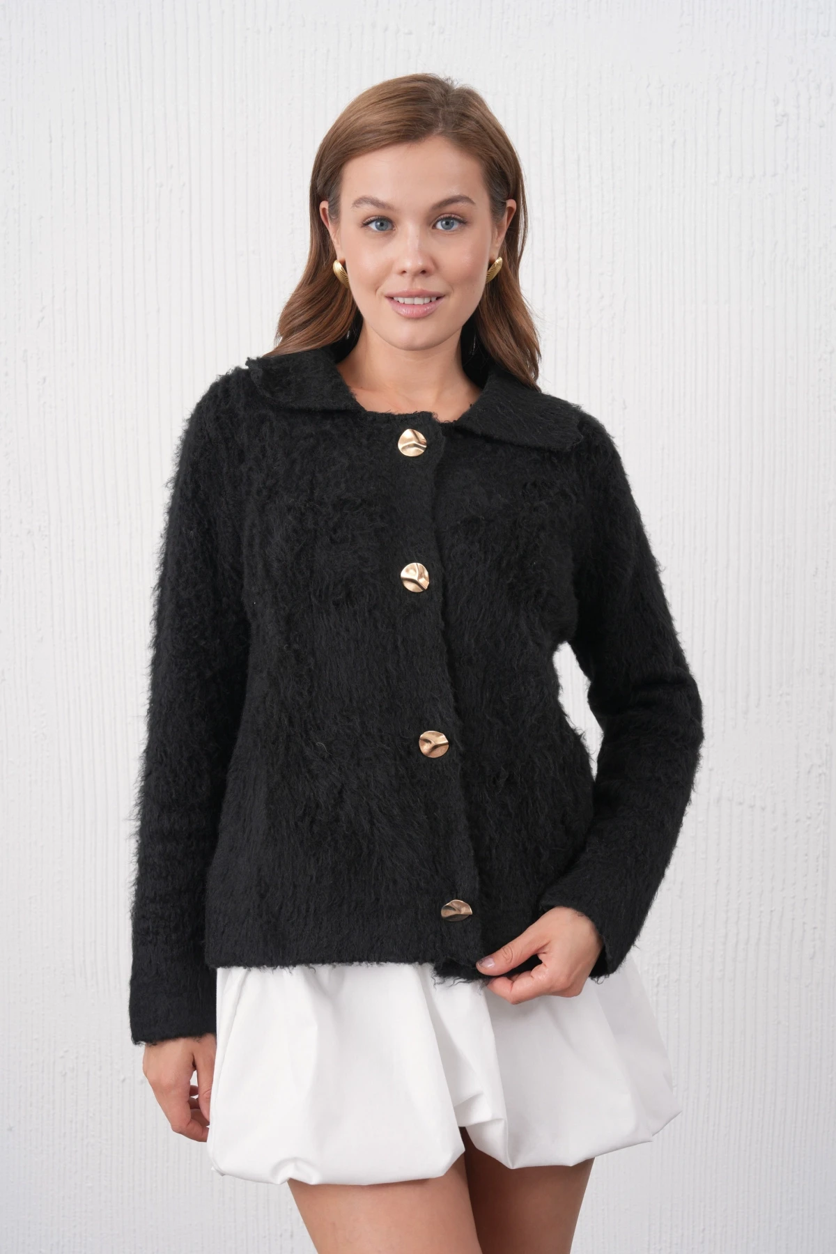 Kadın Polo Yaka Düğme Detay Şardonlu Triko Ceket 8645Sw