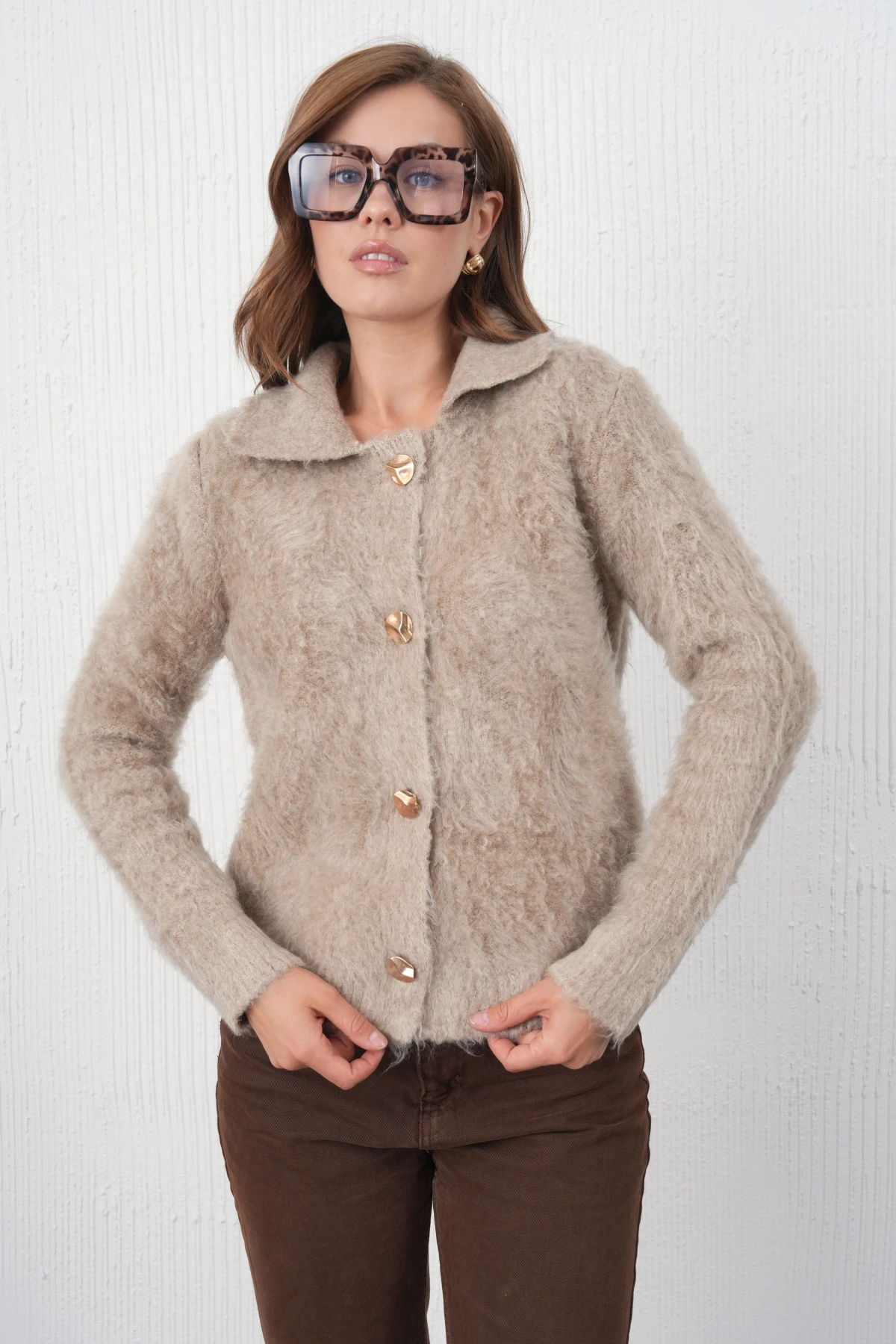 Kadın Polo Yaka Düğme Detay Şardonlu Triko Ceket 8645Sw