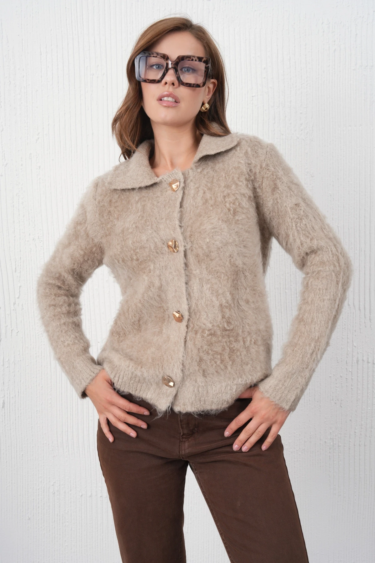 Kadın Polo Yaka Düğme Detay Şardonlu Triko Ceket 8645Sw