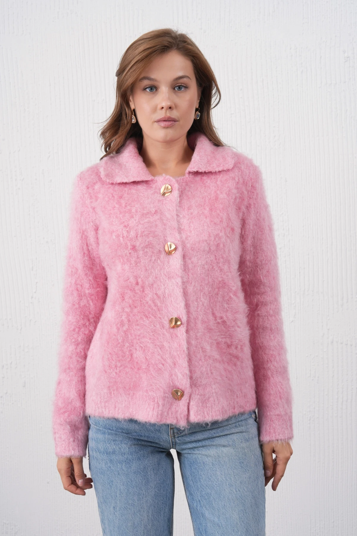 Kadın Polo Yaka Düğme Detay Şardonlu Triko Ceket 8645Sw