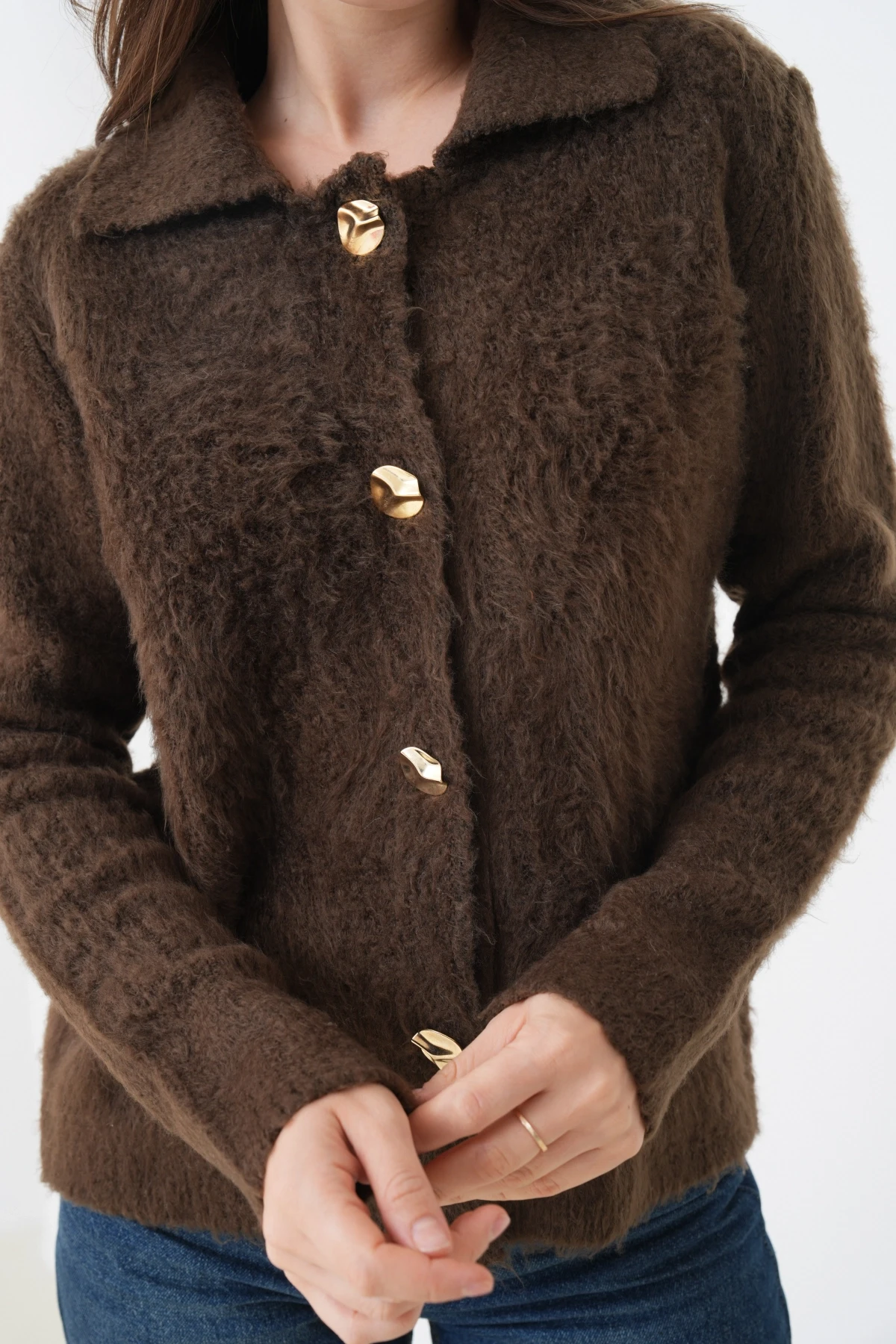 Kadın Polo Yaka Düğme Detay Şardonlu Triko Ceket 8645Sw