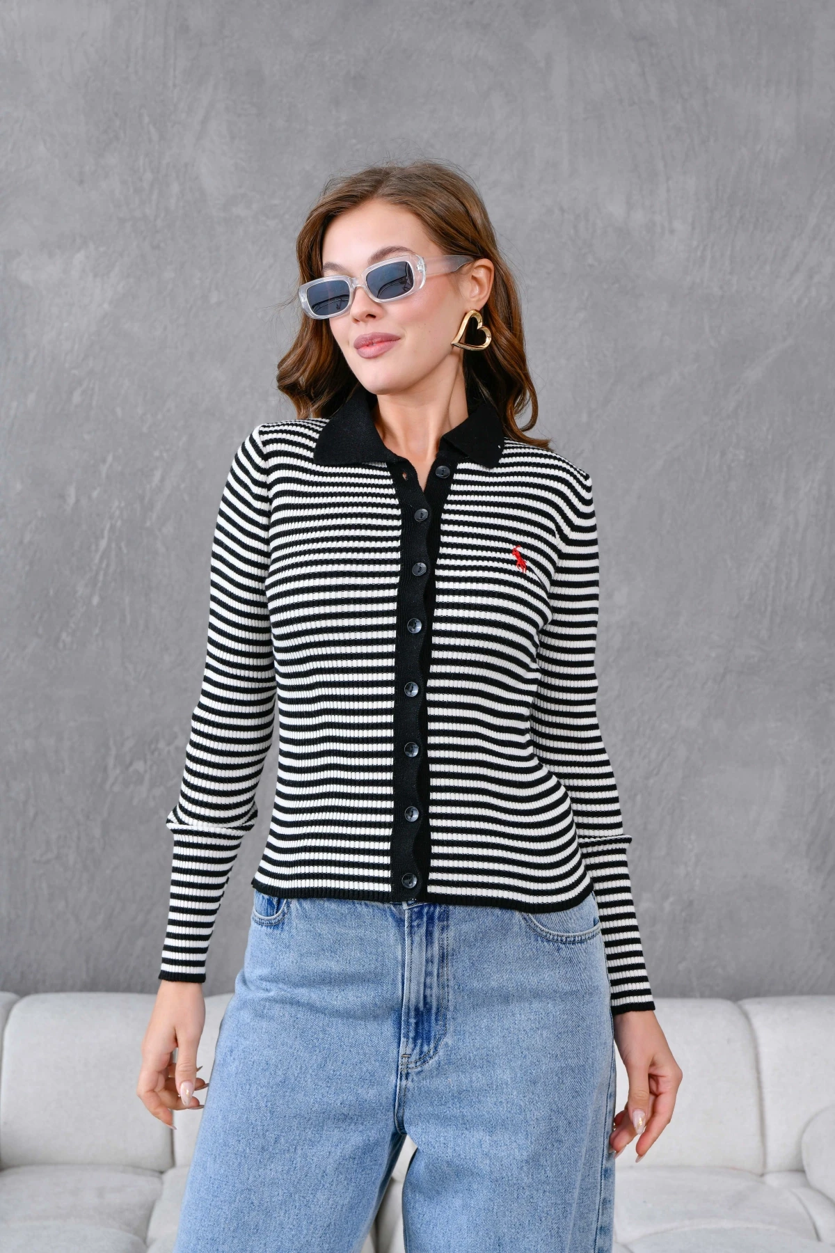 Kadın Polo Yaka Düğme Detaylı Çizgili Triko Ceket 10260