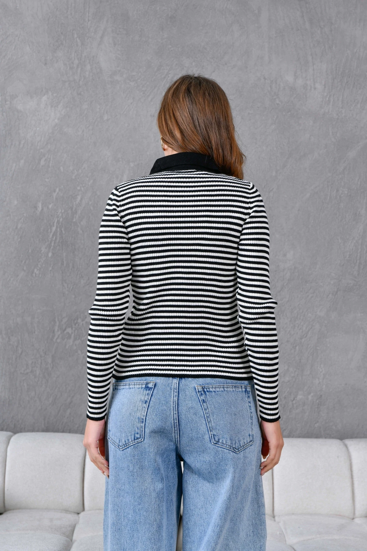 Kadın Polo Yaka Düğme Detaylı Çizgili Triko Ceket 10260