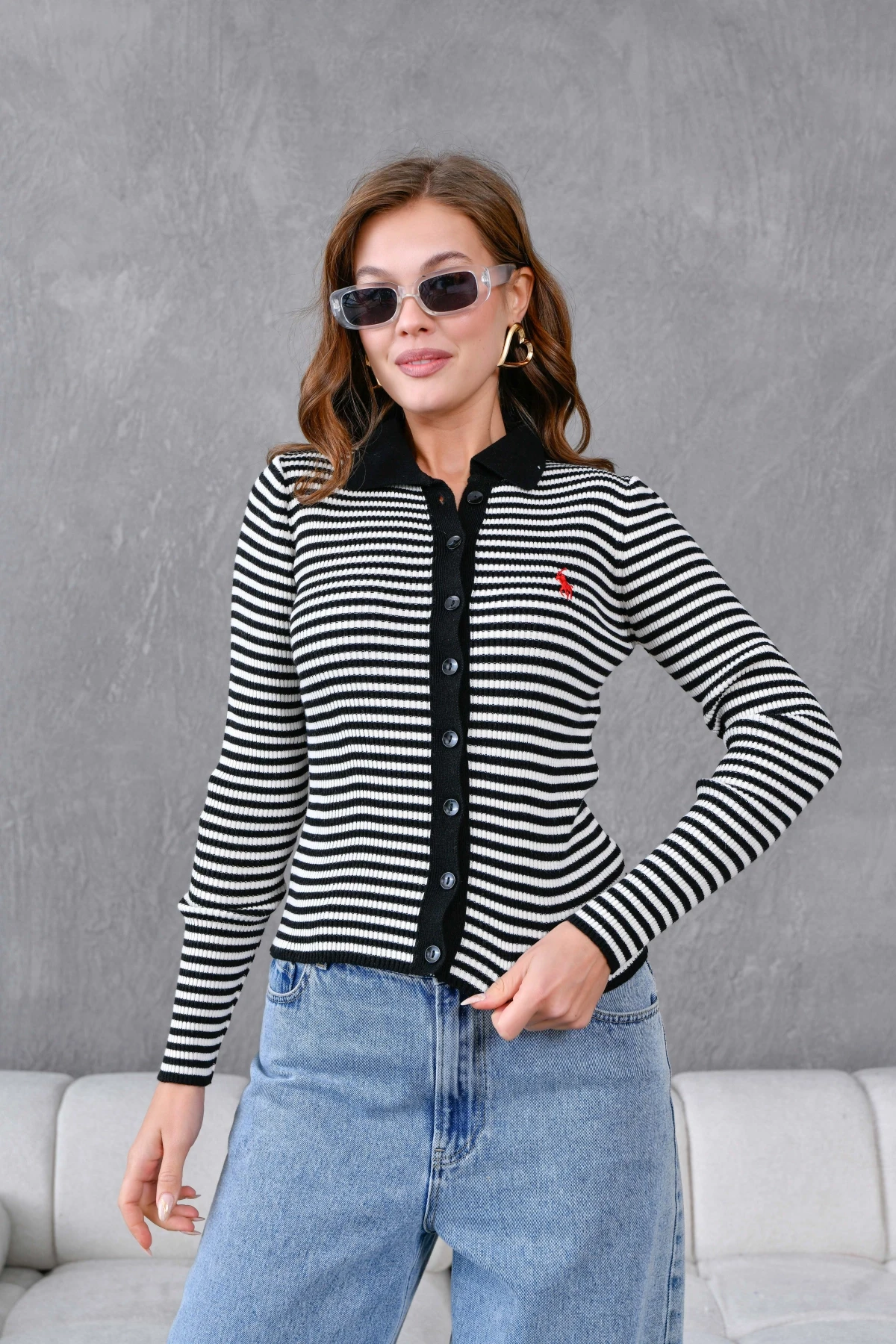 Kadın Polo Yaka Düğme Detaylı Çizgili Triko Ceket 10260