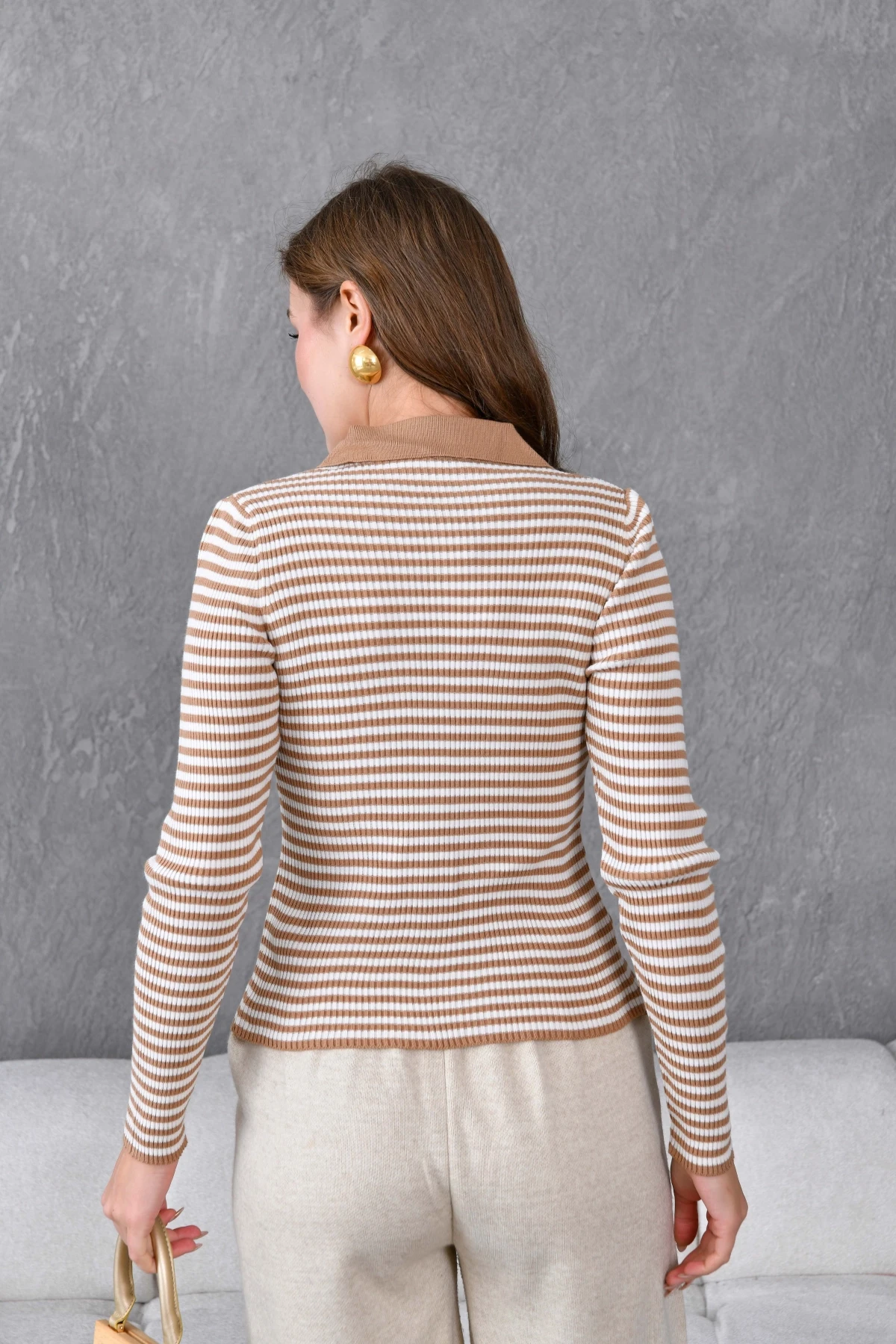 Kadın Polo Yaka Düğme Detaylı Çizgili Triko Ceket 10260
