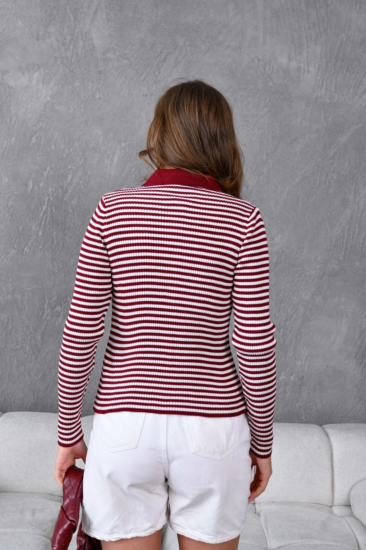 Kadın Polo Yaka Düğme Detaylı Çizgili Triko Ceket 10260