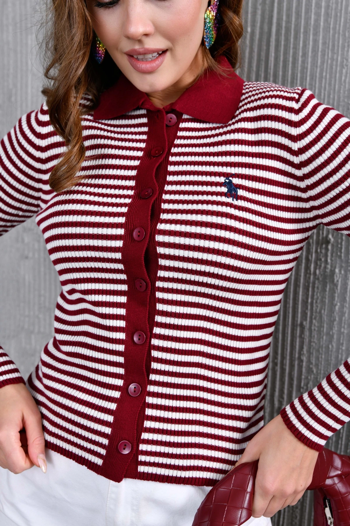 Kadın Polo Yaka Düğme Detaylı Çizgili Triko Ceket 10260