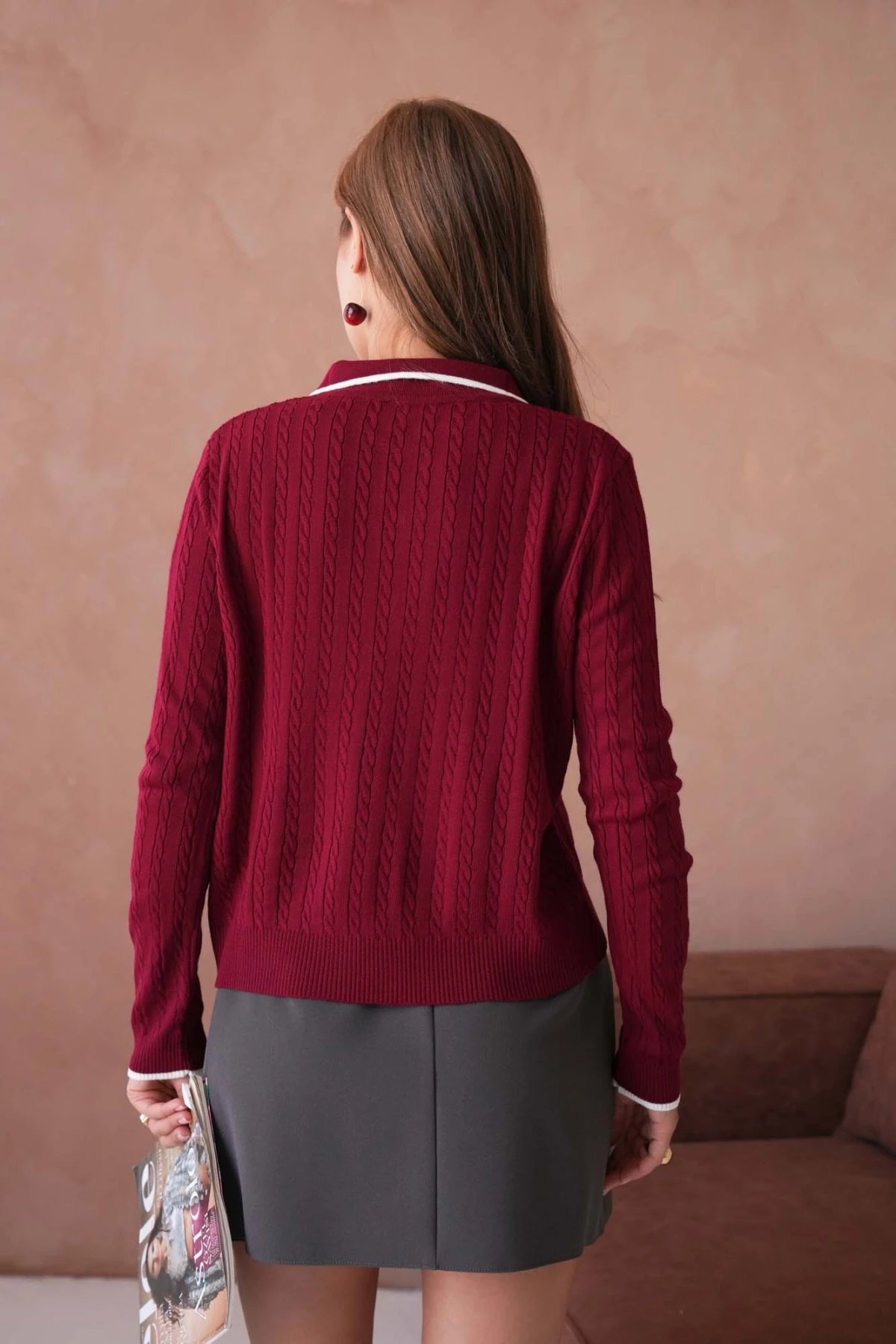 Kadın Polo Yaka Fermuar Detay Triko Kazak