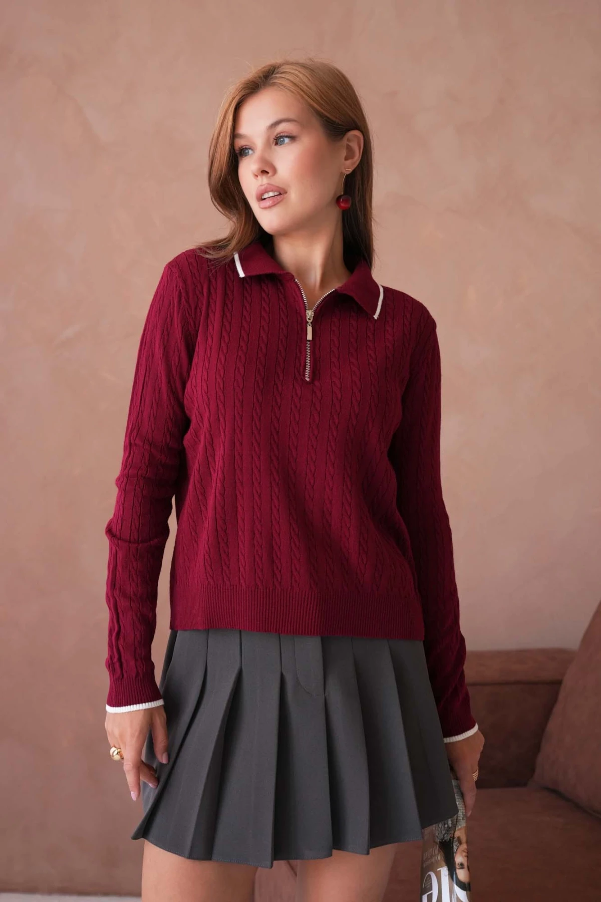 Kadın Polo Yaka Fermuar Detay Triko Kazak