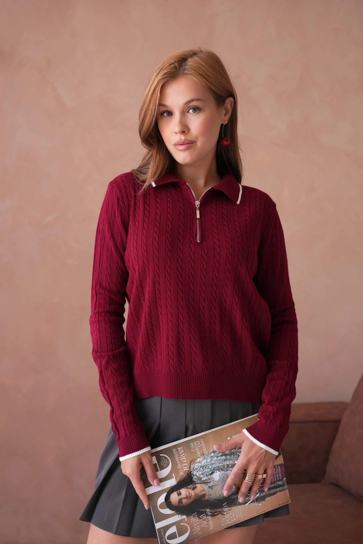 Kadın Polo Yaka Fermuar Detay Triko Kazak