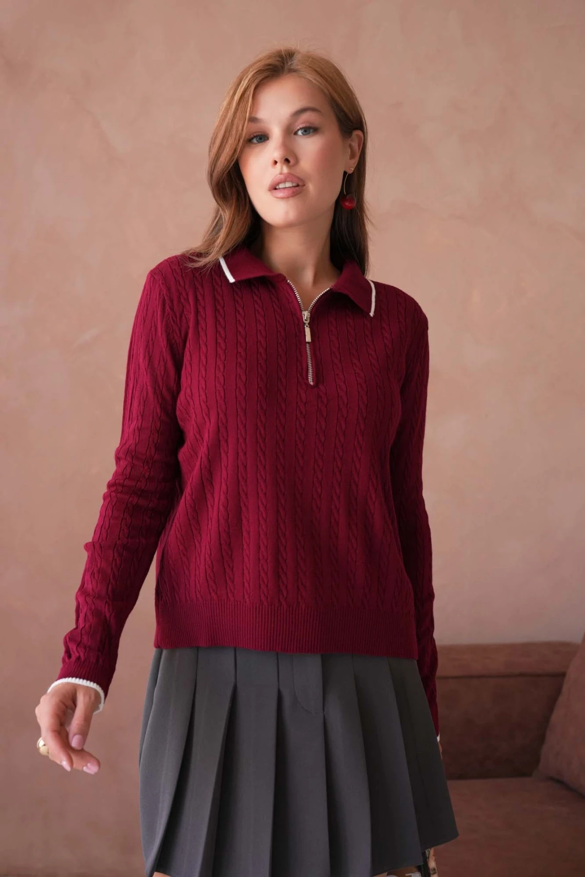 Kadın Polo Yaka Fermuar Detay Triko Kazak