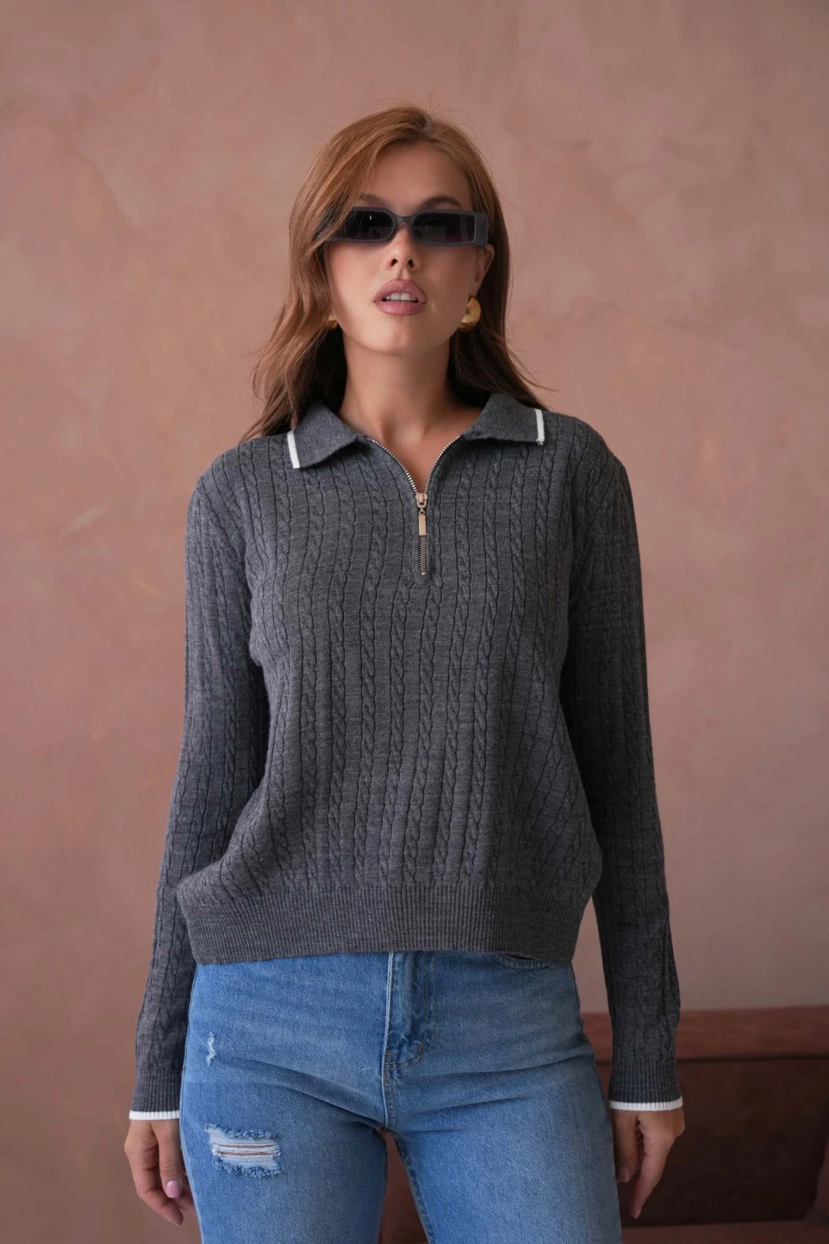 Kadın Polo Yaka Fermuar Detay Triko Kazak