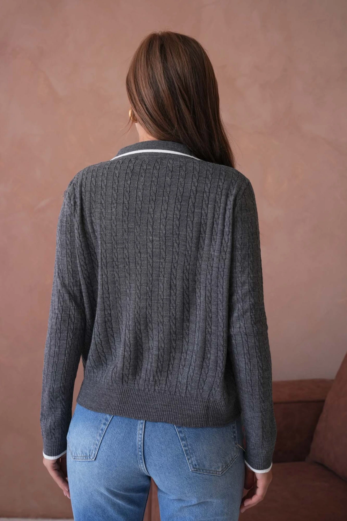 Kadın Polo Yaka Fermuar Detay Triko Kazak