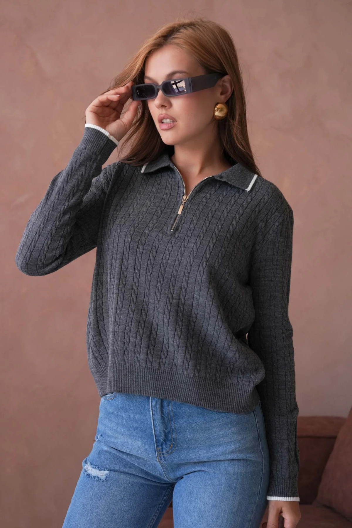 Kadın Polo Yaka Fermuar Detay Triko Kazak