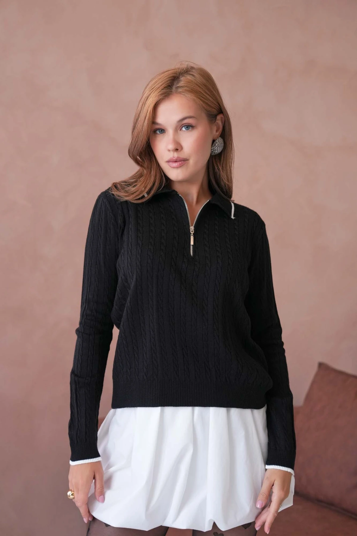 Kadın Polo Yaka Fermuar Detay Triko Kazak