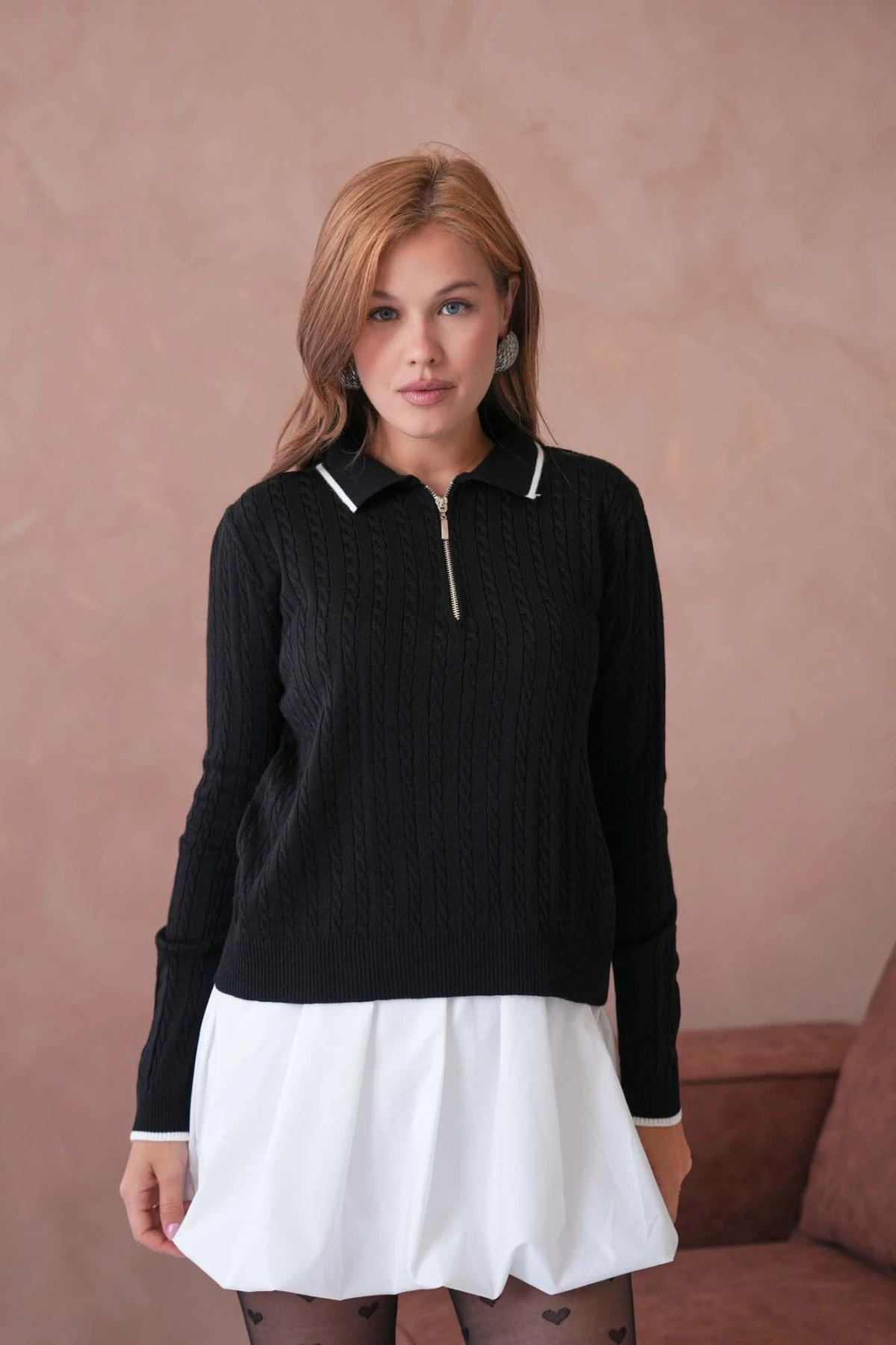 Kadın Polo Yaka Fermuar Detay Triko Kazak