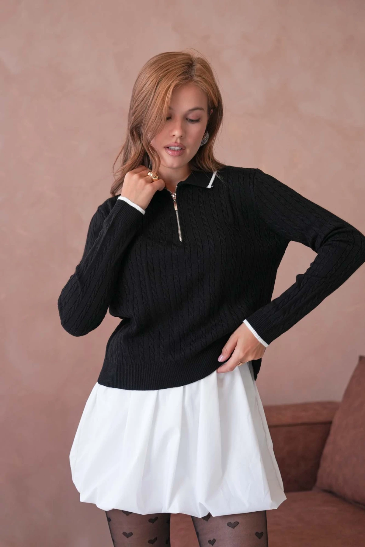 Kadın Polo Yaka Fermuar Detay Triko Kazak