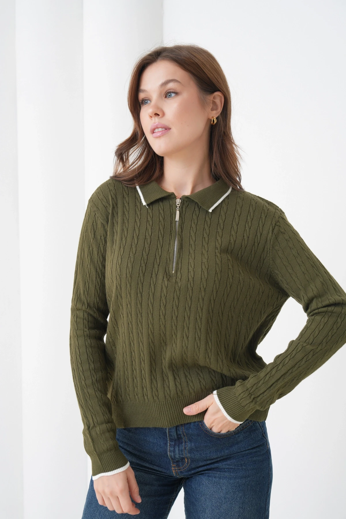 Kadın Polo Yaka Fermuar Detay Triko Kazak