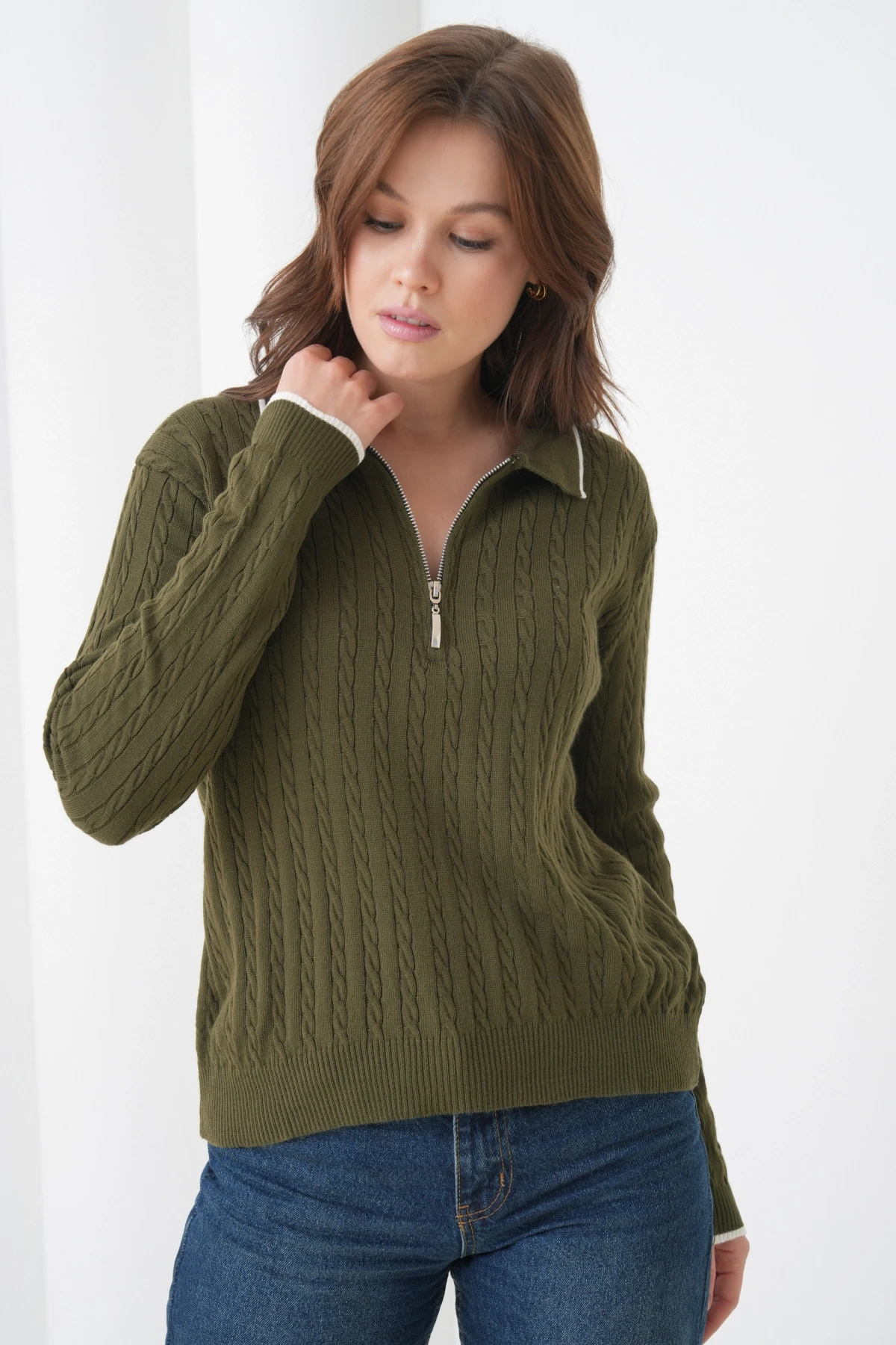 Kadın Polo Yaka Fermuar Detay Triko Kazak