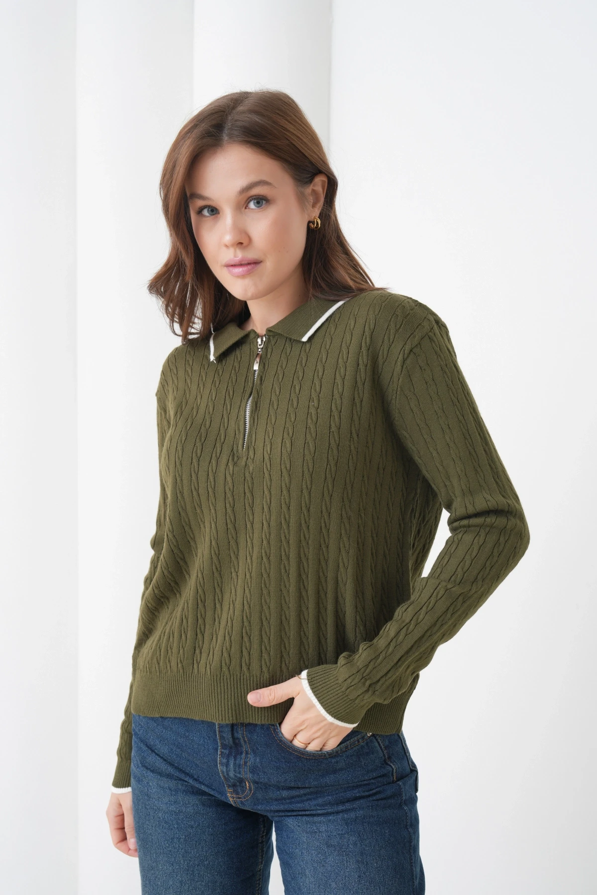 Kadın Polo Yaka Fermuar Detay Triko Kazak