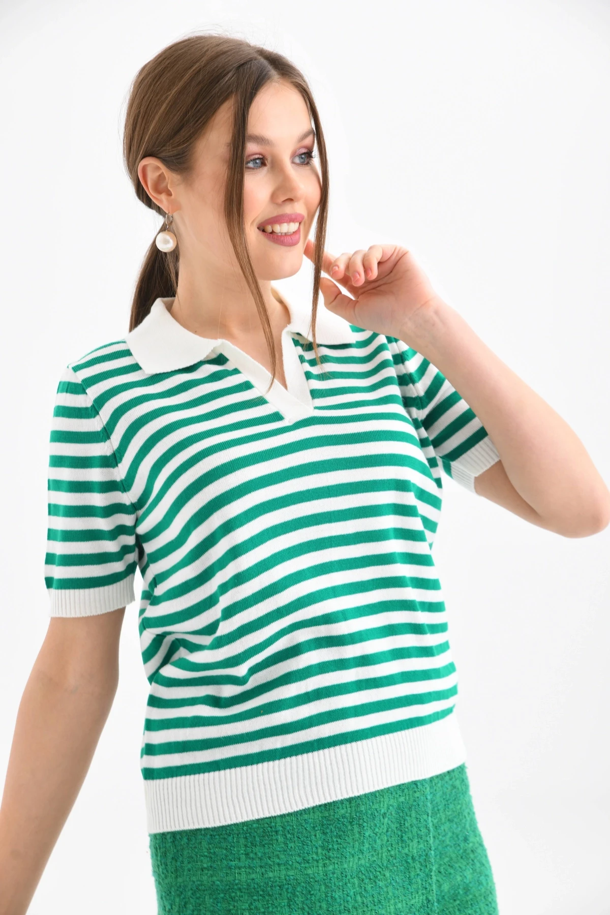 Kadın Polo Yaka Kısa Kol Çizgili Triko Kazak 10021