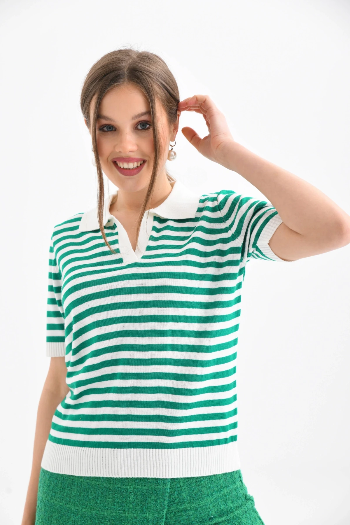 Kadın Polo Yaka Kısa Kol Çizgili Triko Kazak 10021