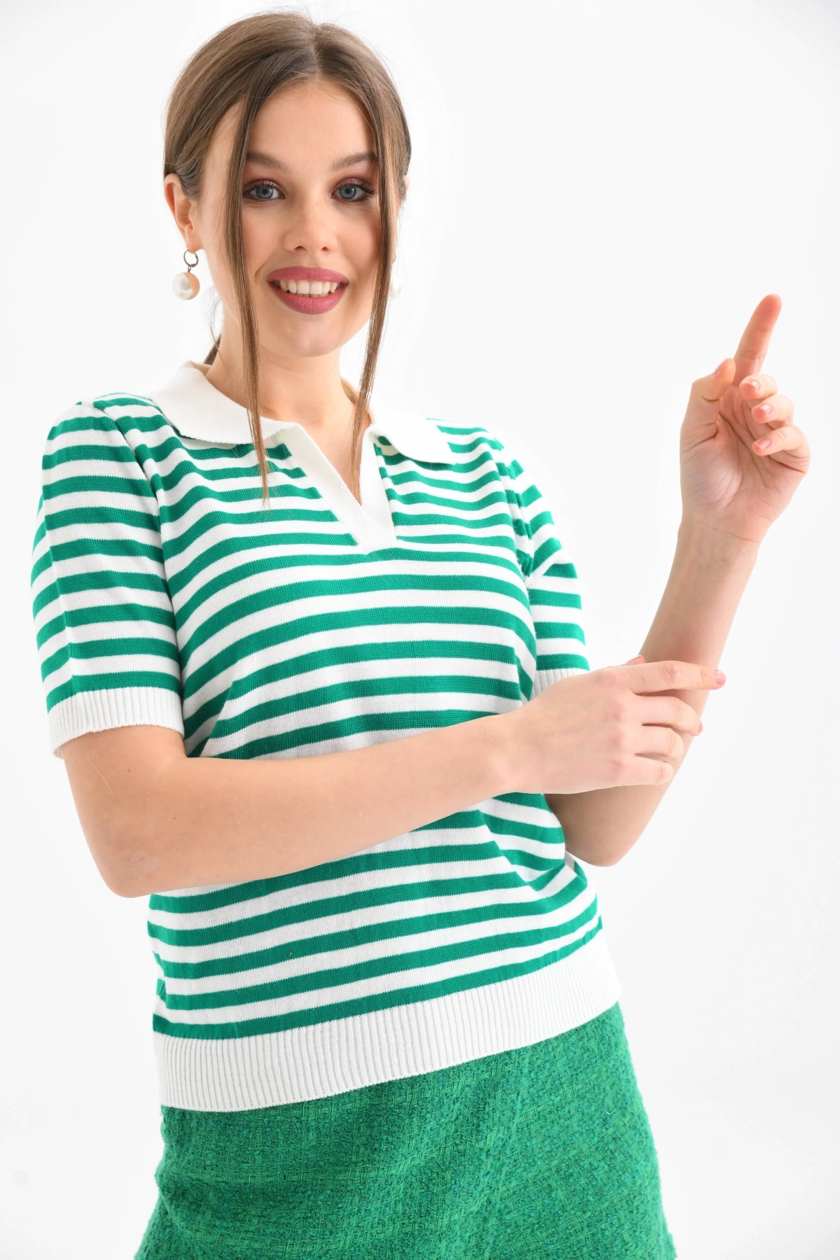 Kadın Polo Yaka Kısa Kol Çizgili Triko Kazak 10021